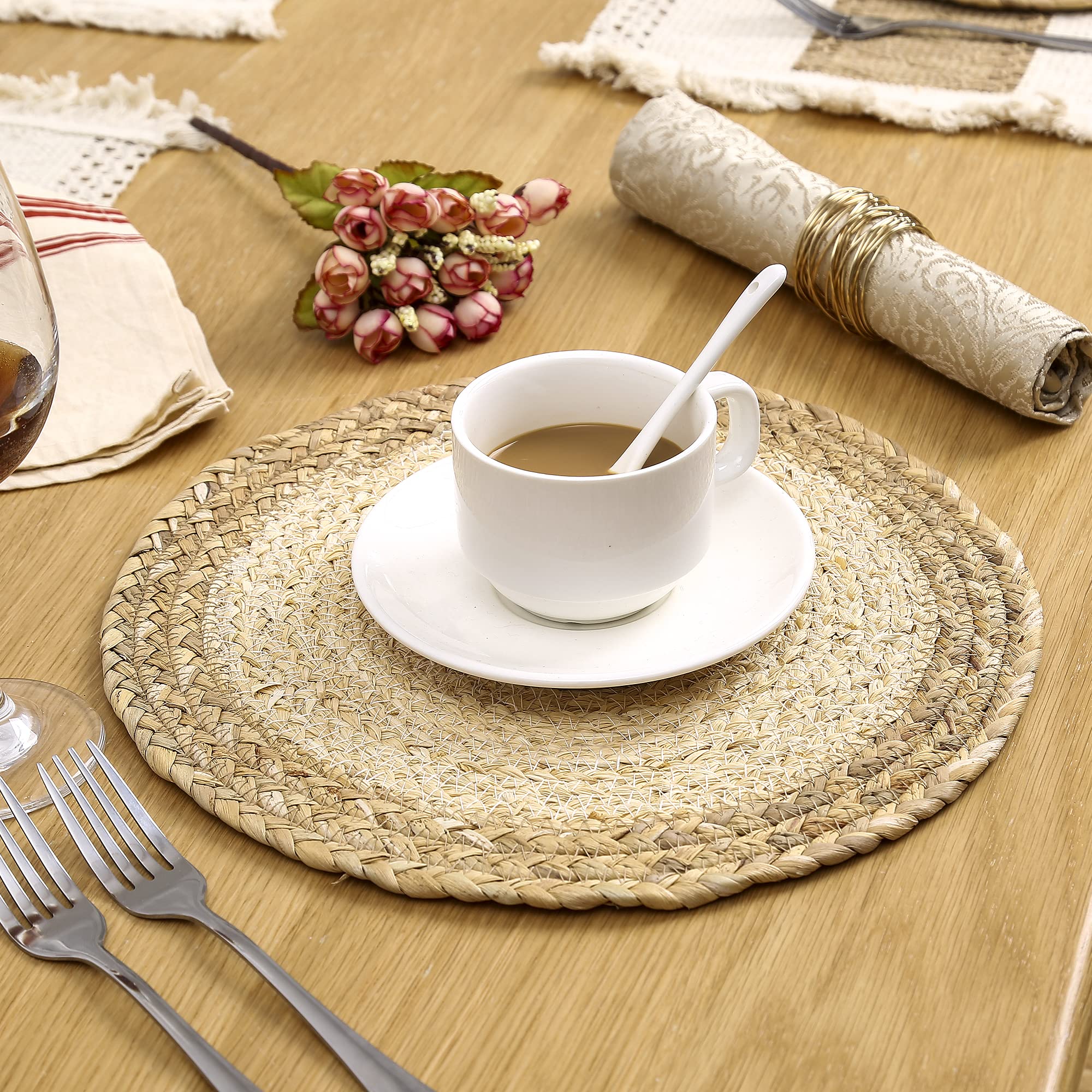 Zology Handmade Boho Placemats Set of 6 - Natural Cotton Burlap and Water Straw Woven Combination Table Mats  Macrame D?cor and Farmhouse Style Placemats  for Dining Table Kitchen