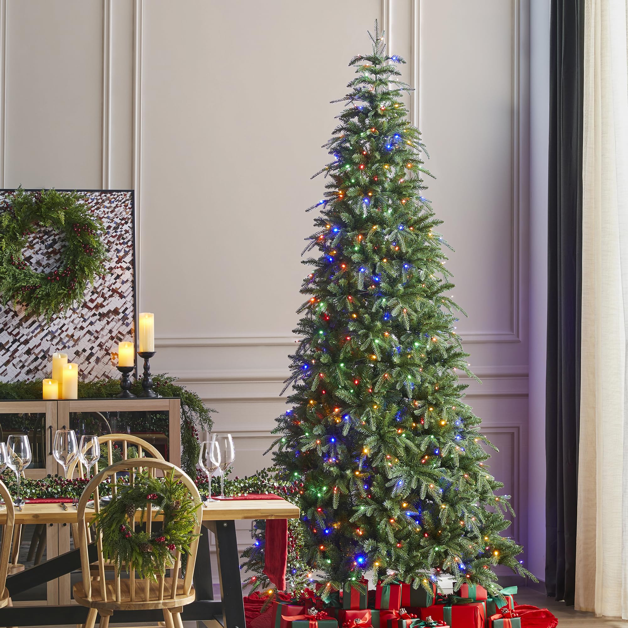 Glitzhome 9ft Prelit Christmas Tree, Artificial Christmas Tree with 650 Warm White/Multi-Color Lights, Slim Christmas Tree Radia