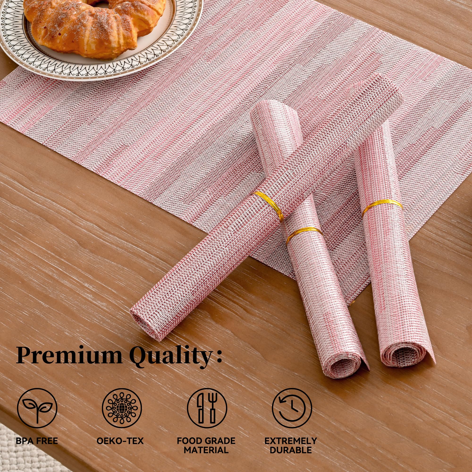 Leetaltree Misty Rose Placemats Set Of 6 - Heat Resistant Non-Slip Place Mats For Dining Table, Washable Durable Pvc Vinyl Woven