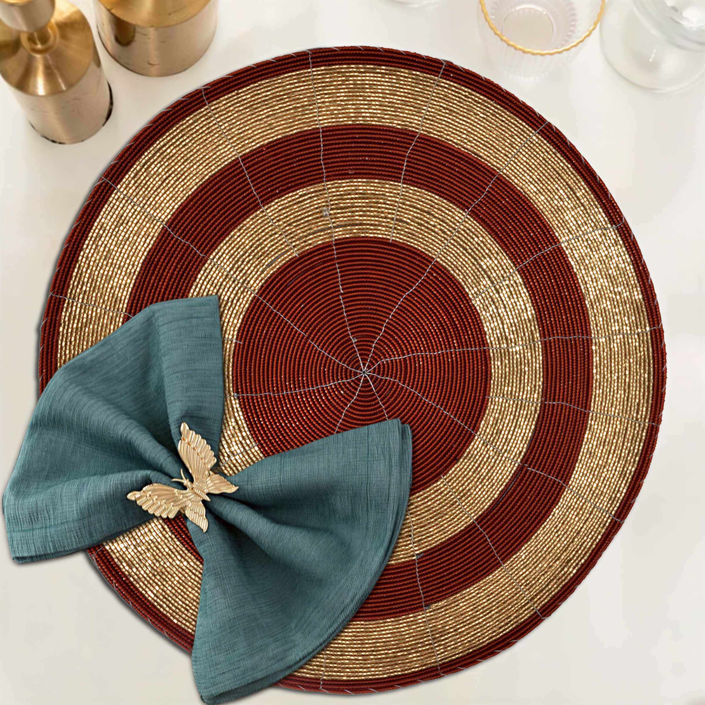 Beaded Placemats – Round Handmade Table Decor with Embroidered Beads, 14 Inch