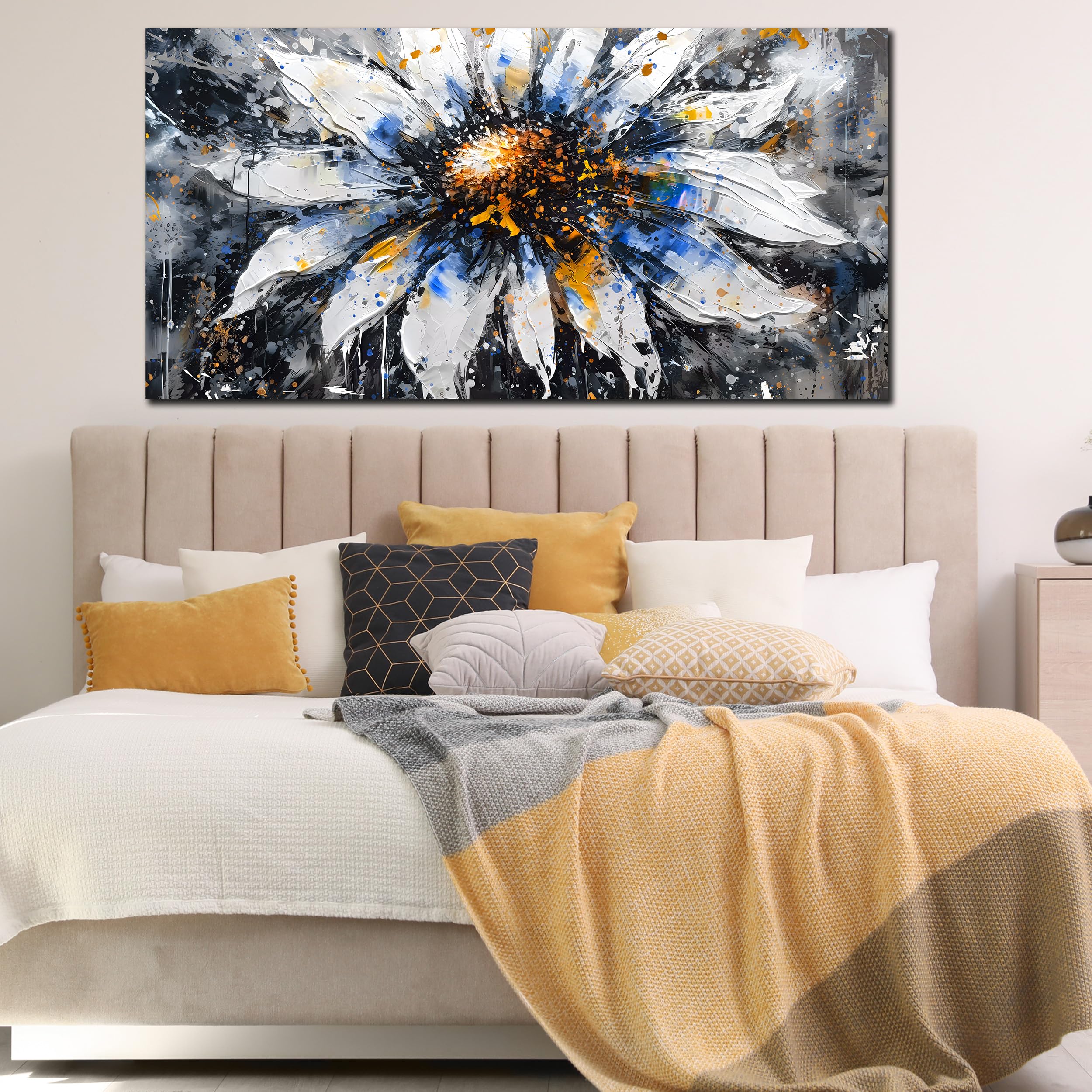 Kepgonegu Large Canvas Wall Art For Living Room Bedroom Large White Blue Flower Picture Gray Canvas Prints Home Decor Ready To H