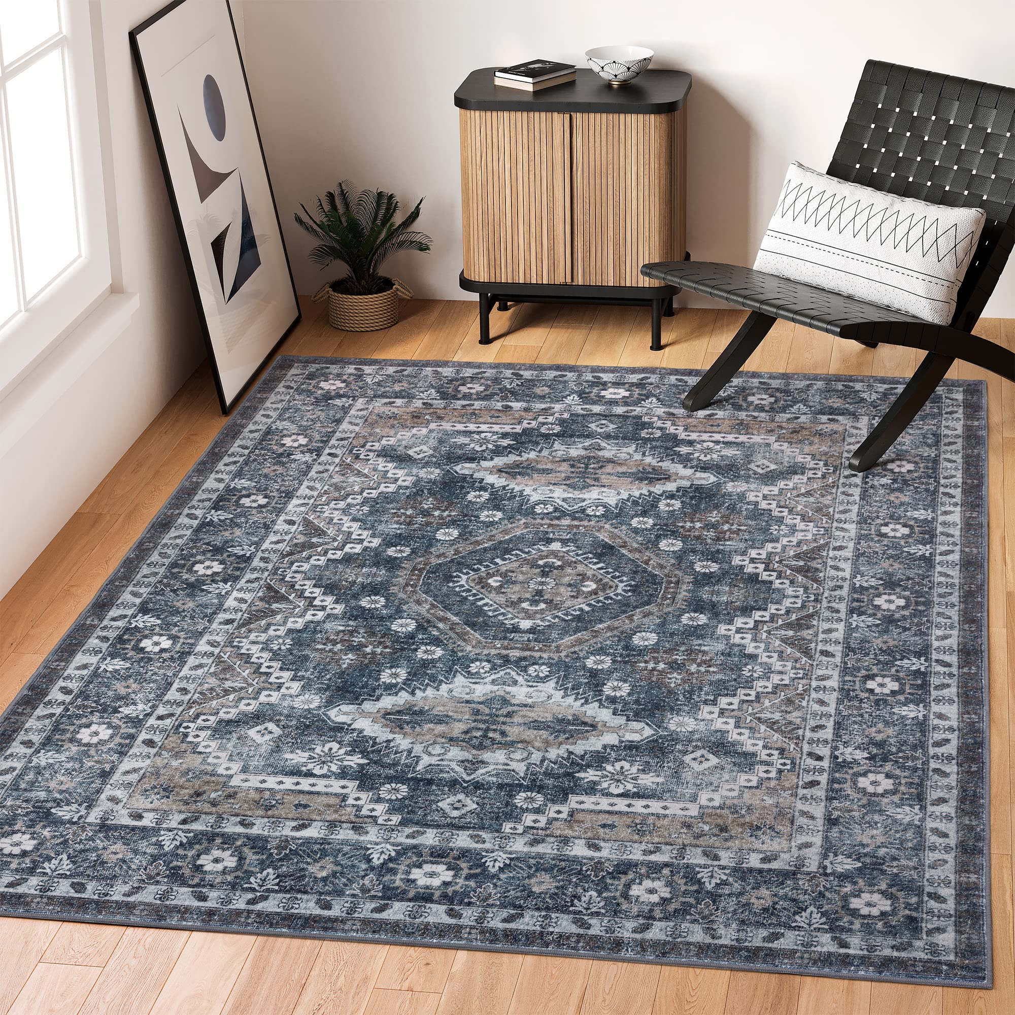 Rugland 6x9 Rug - Stain Resistant Washable Rug, Anti Slip Backing Rugs for Living Room, Vintage Tribal Area Rugs (TPR07-Navy, 6