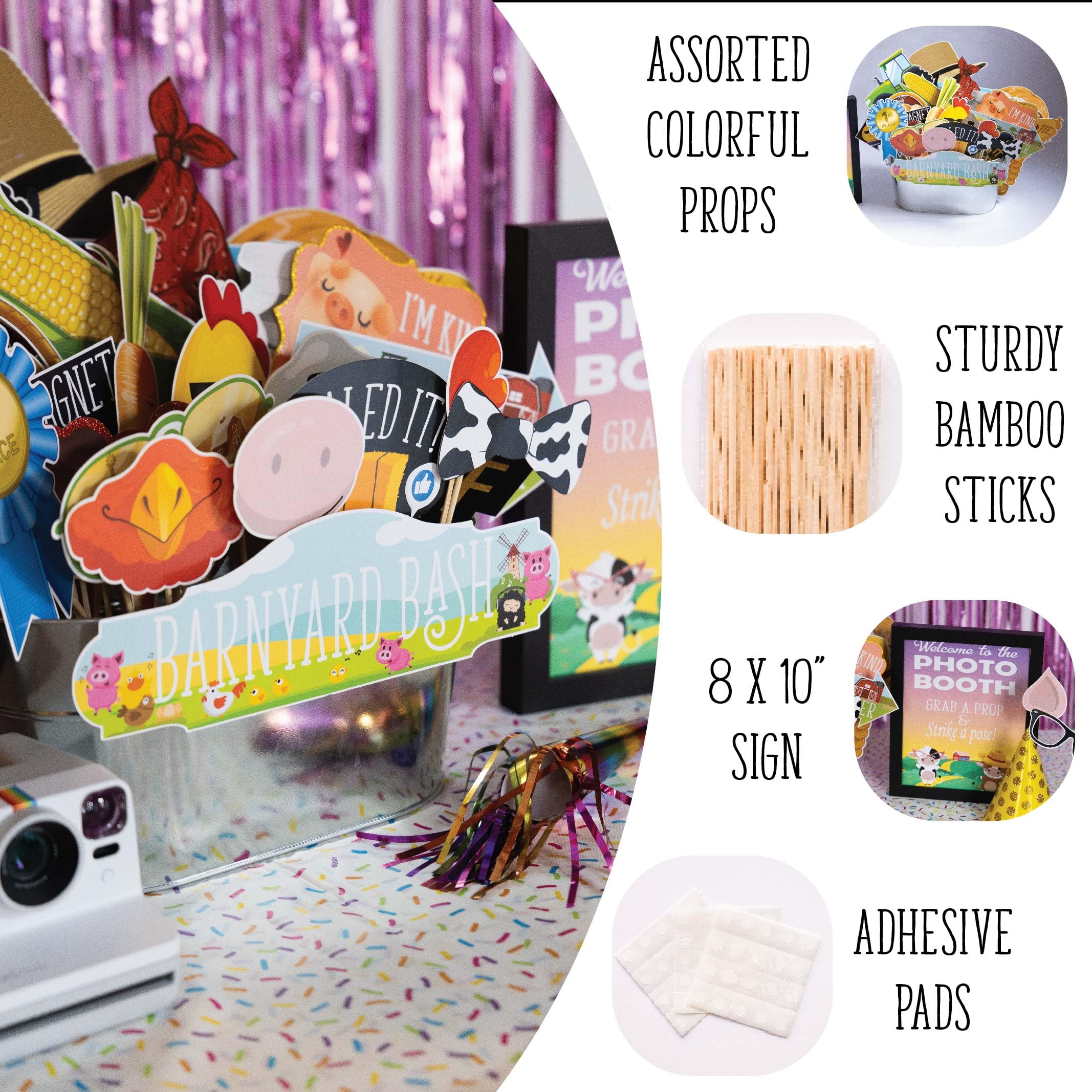 Farm Animal Photo Booth Props - 41-pc Photo Booth Kit with 8 x 10-Inch Sign  60 Adhesive Pads  45 Sticks - Cowboy and Farm Party Decorations