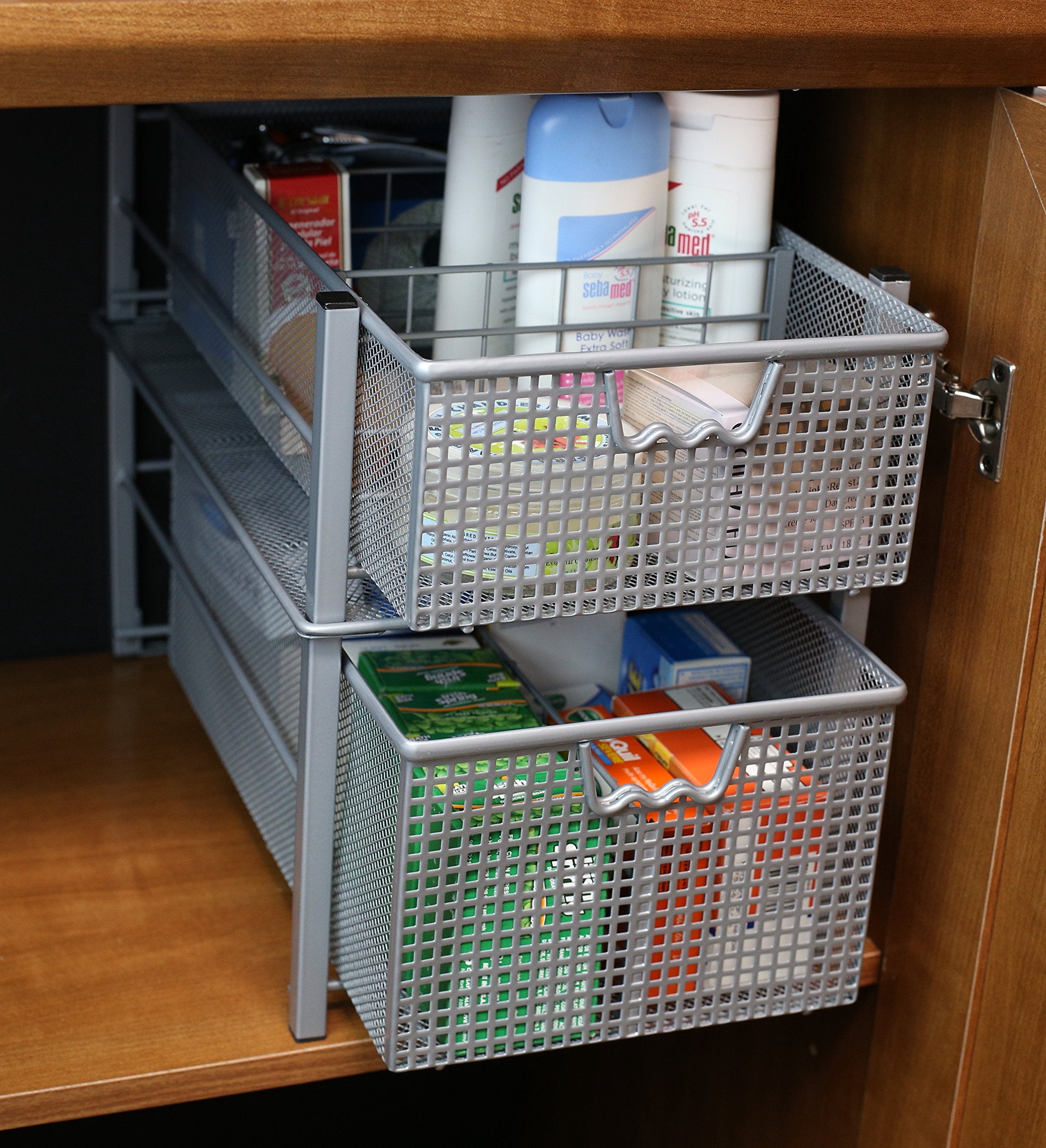 Decobrothers Mesh Cabinet Basket Organizer With Split Card, Silver