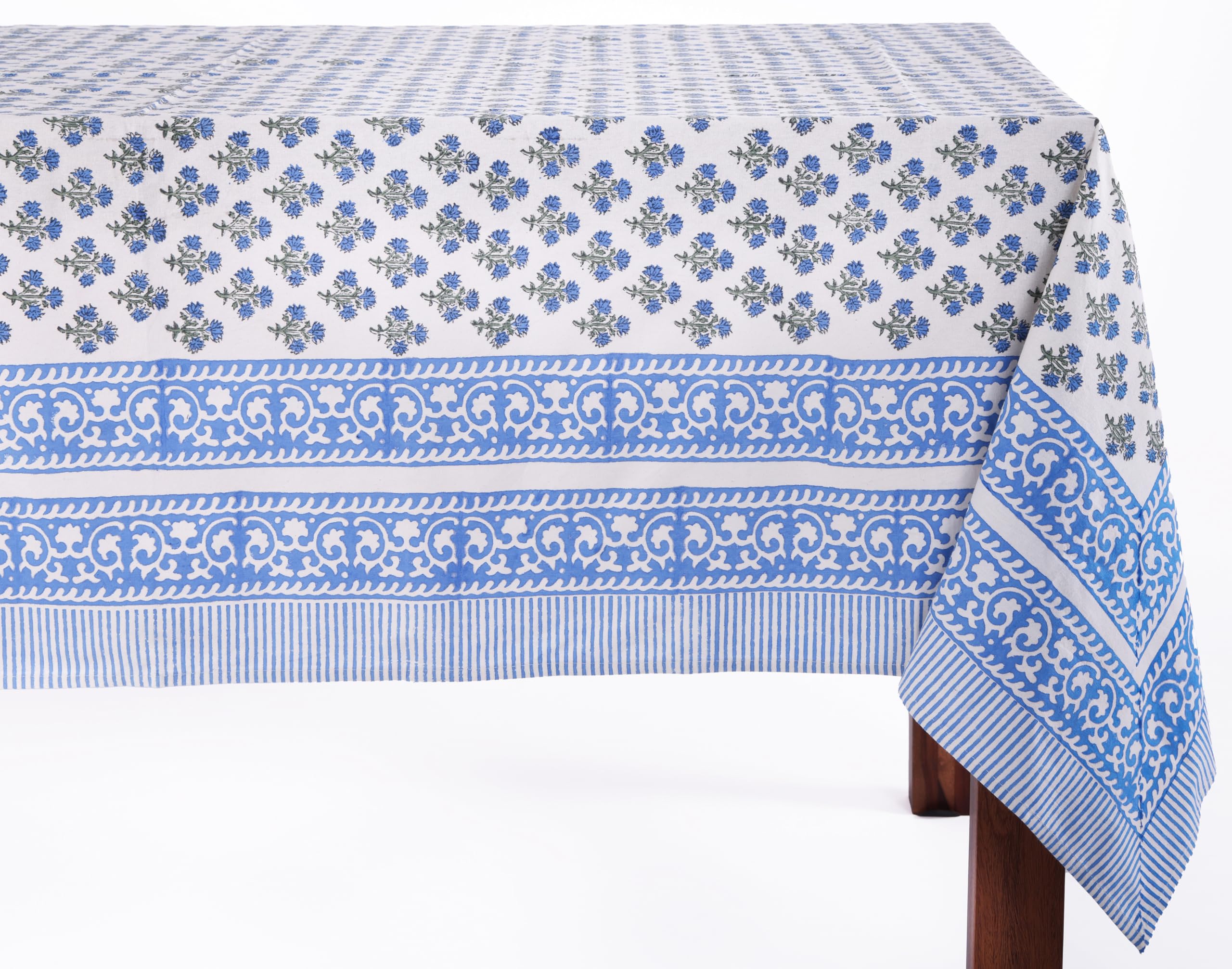 ATOSII Gulbahar Blue 100% Cotton Fall Rectangle Tablecloth, Hand Block Print Washable Table Cover, Christmas Parties Buffet Dini
