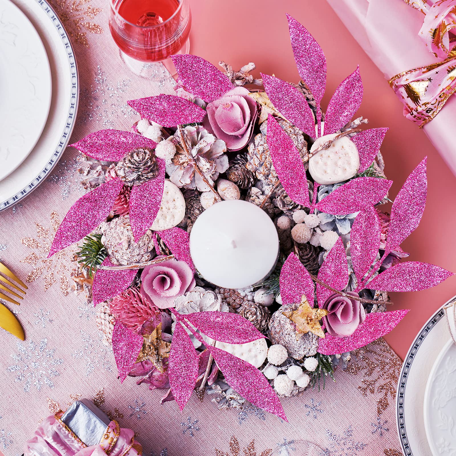 Winlyn 40 Pcs Pink Glitter Bay Leaf Sprays Artificial Christmas Tree Picks 12.7 Tall for Pink Christmas Tree Wreath Swag Floral