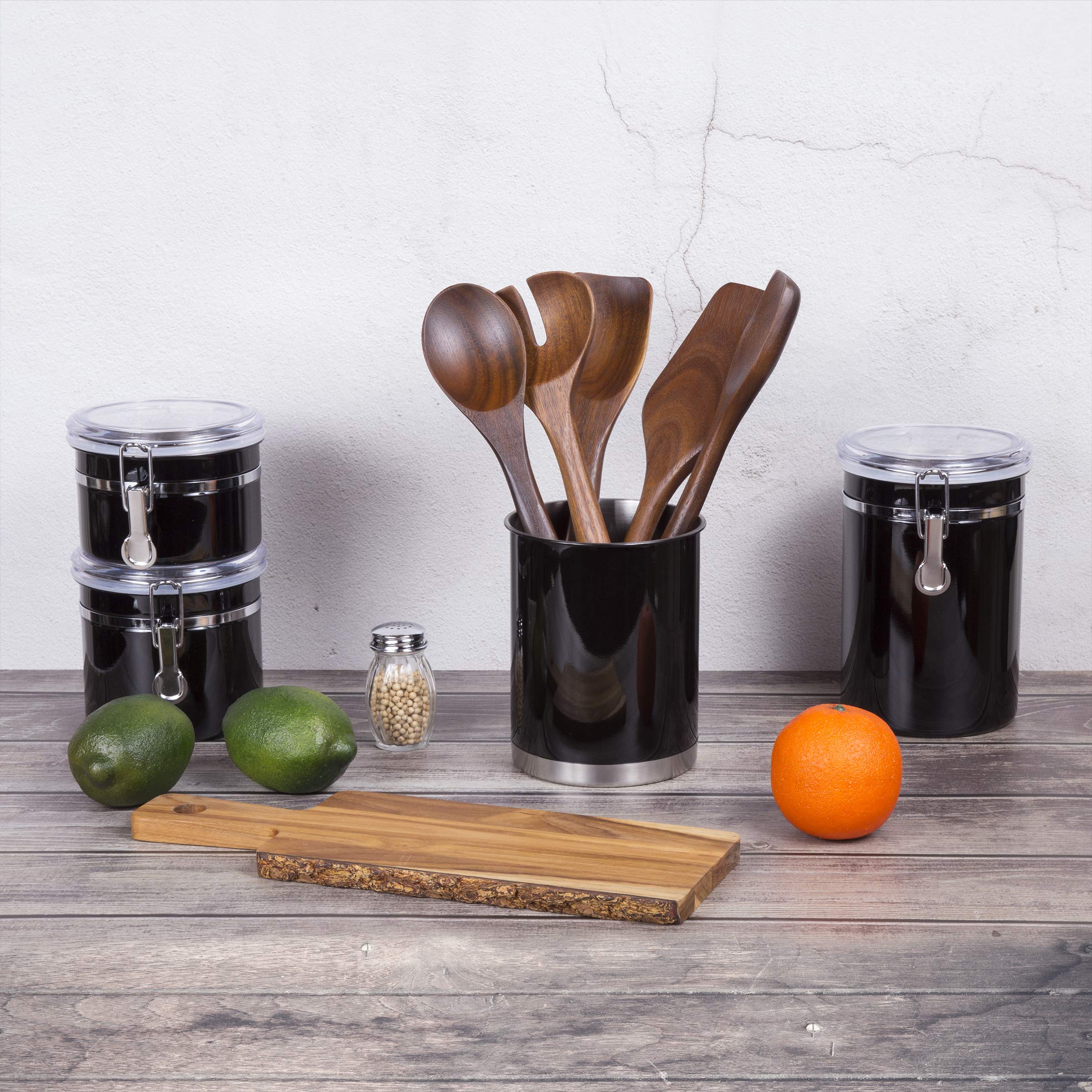 Creative Home Heavy Gauge Weighted Base Stainless Steel Tool Crock Utensil Holder Flatware Organizer  Large  5'' Diam. x 6.3'' H  Black