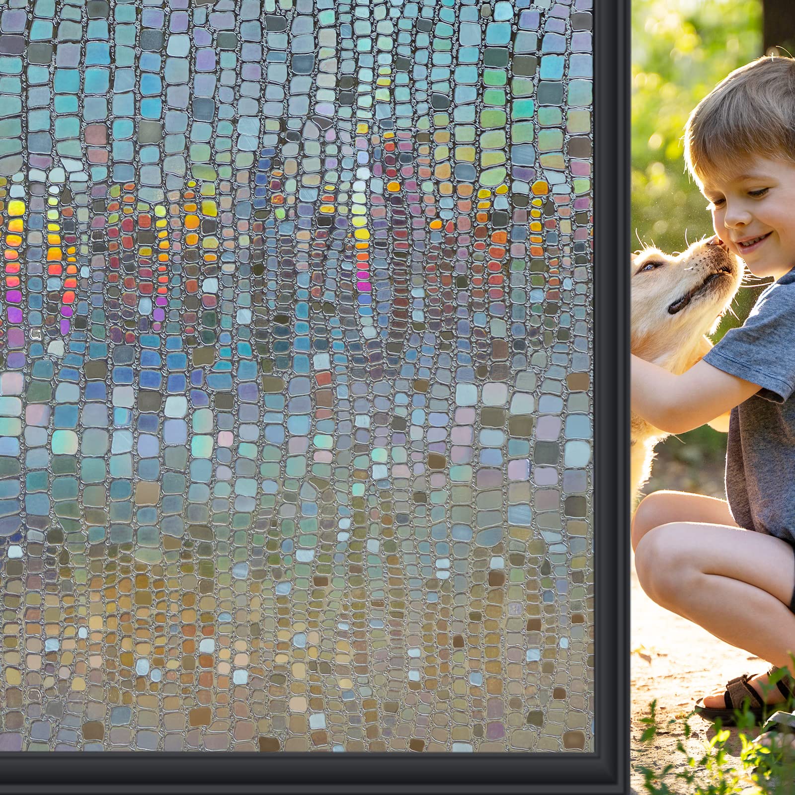 Windimiley Window Privacy Film Stained Glass Static Cling Decorative Rainbow Heat Blocking Window Tint Day and Night Stain Vinyl