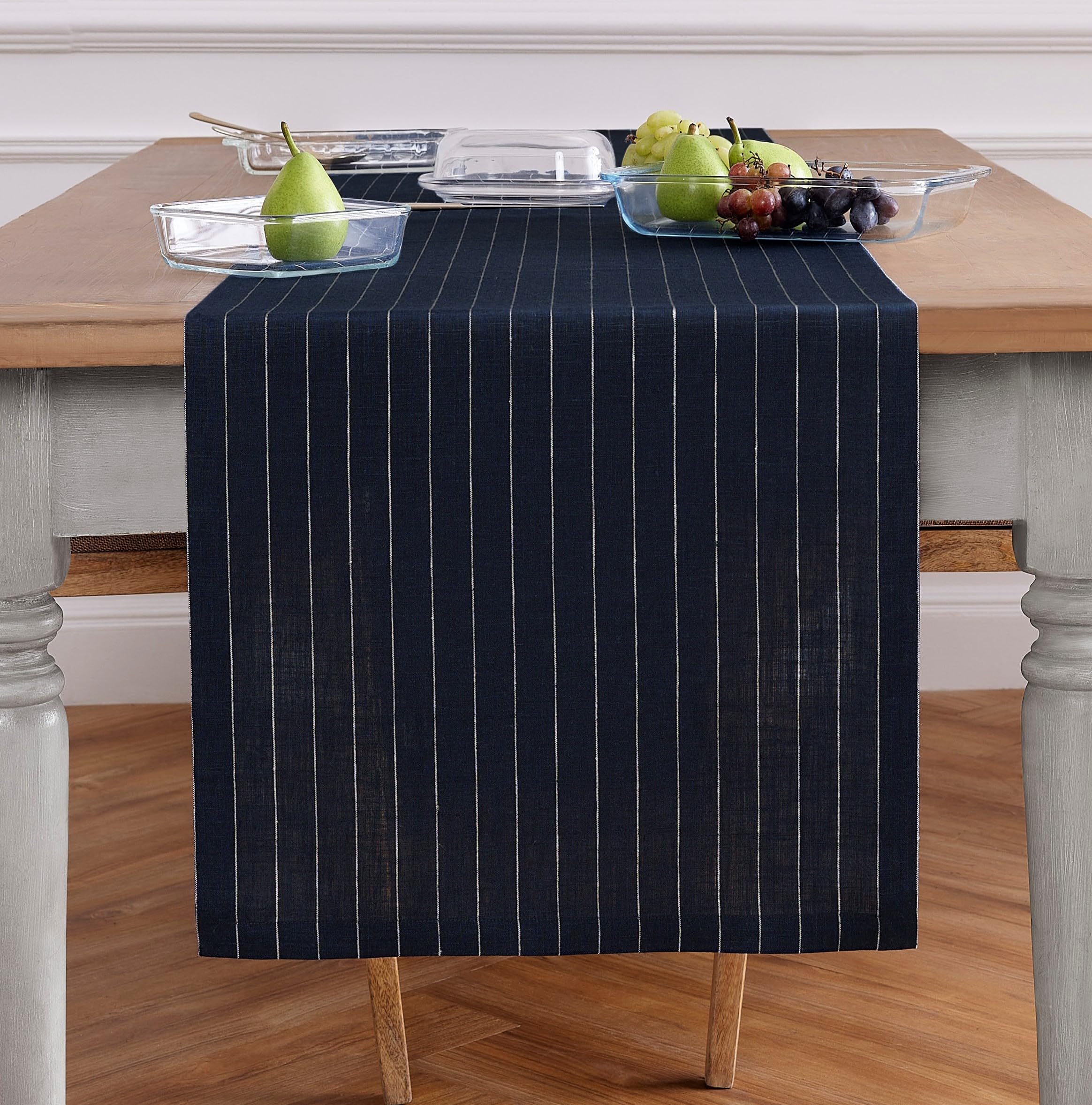 Solino Home Pinstripe Linen Navy And White Table Runner 108 Inches Long - 100% Pure Linen Dining Table Runner 18 X 108 Inch Idea