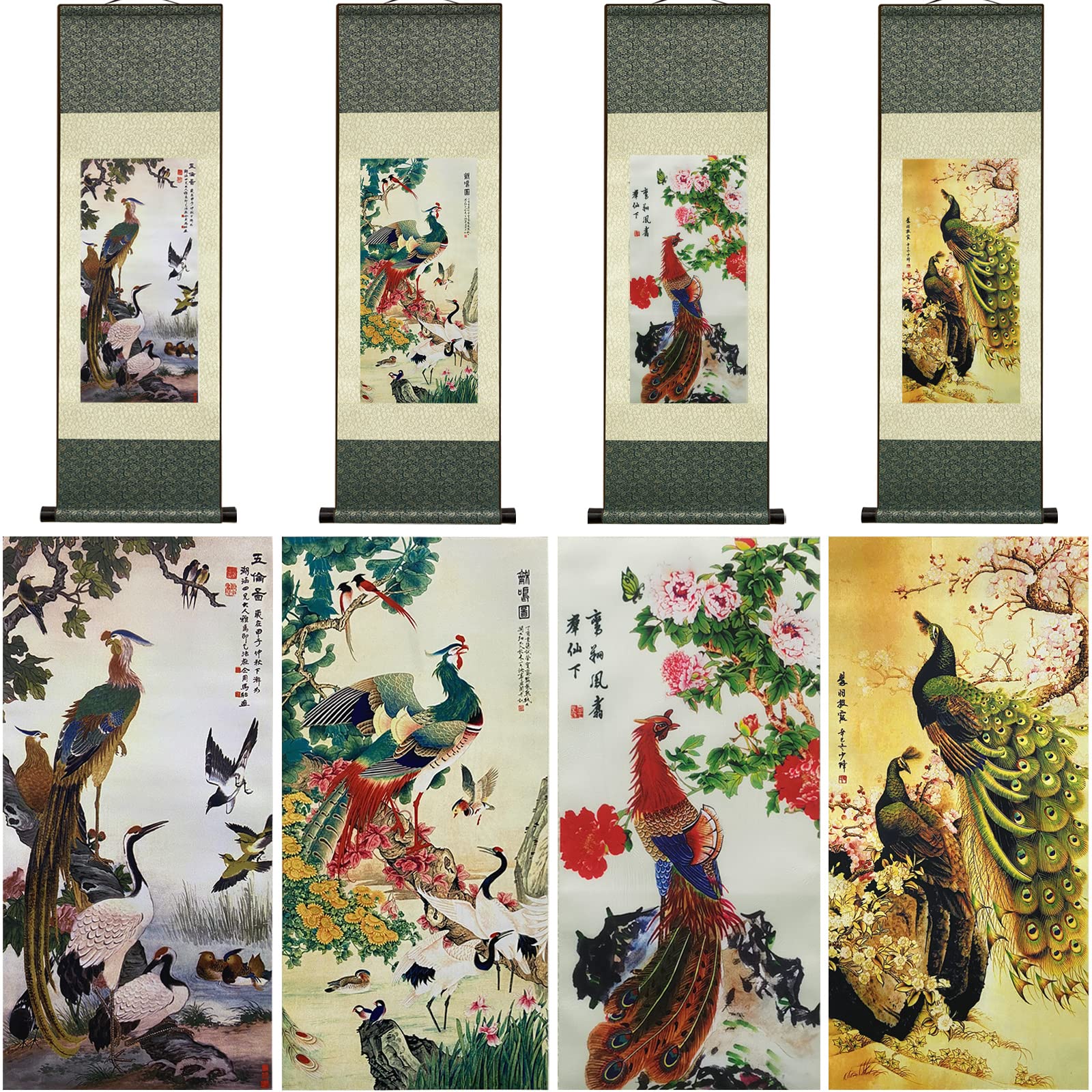 Atfart 4 Pack Asian Wall Decor Beautiful Silk Scroll Painting Birds - Phoenix Oriental Decor Chinese Art Wall Scroll Wall Hangin