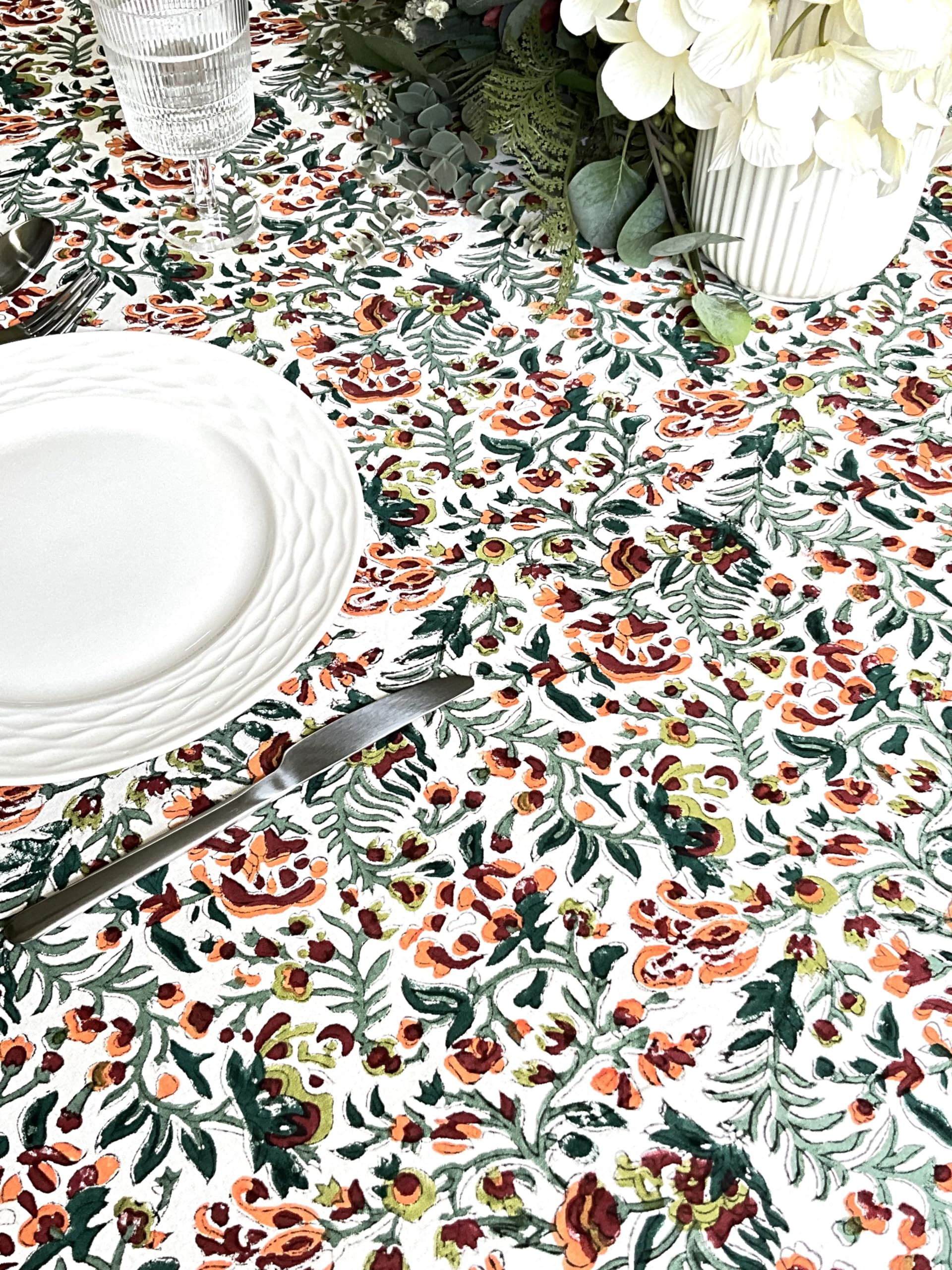 ATOSII Ambrosia Green 100% Cotton Round Tablecloth, Handblock Print Floral Table Cloth for Kitchen Dining Linen I Weddings, Outd
