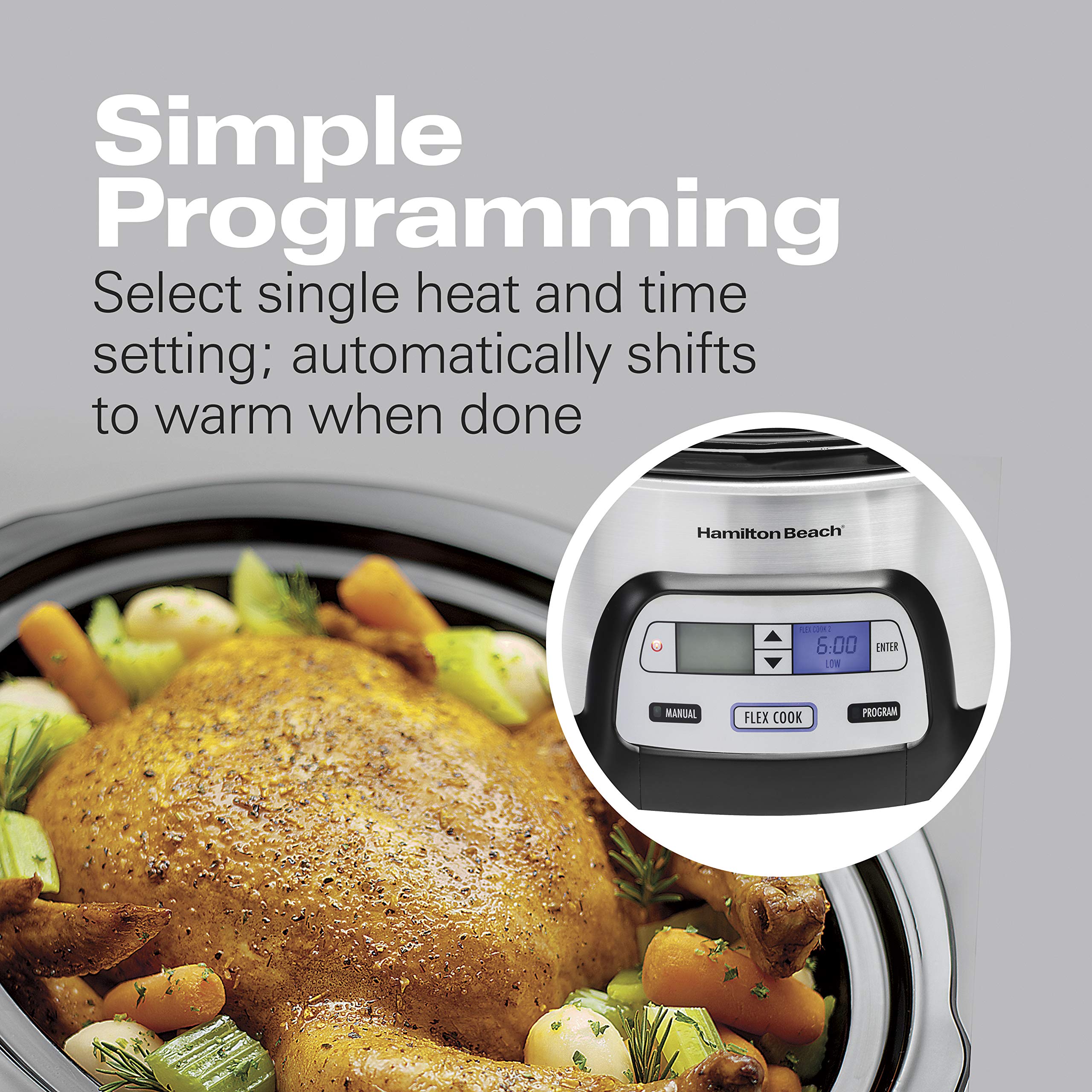 Hamilton Beach 33861 Portable Programmable Slow Cooker, Dishwasher Safe Crock, 6 Qt, Flexcook Dual Digital Timer/2 Heat Settings