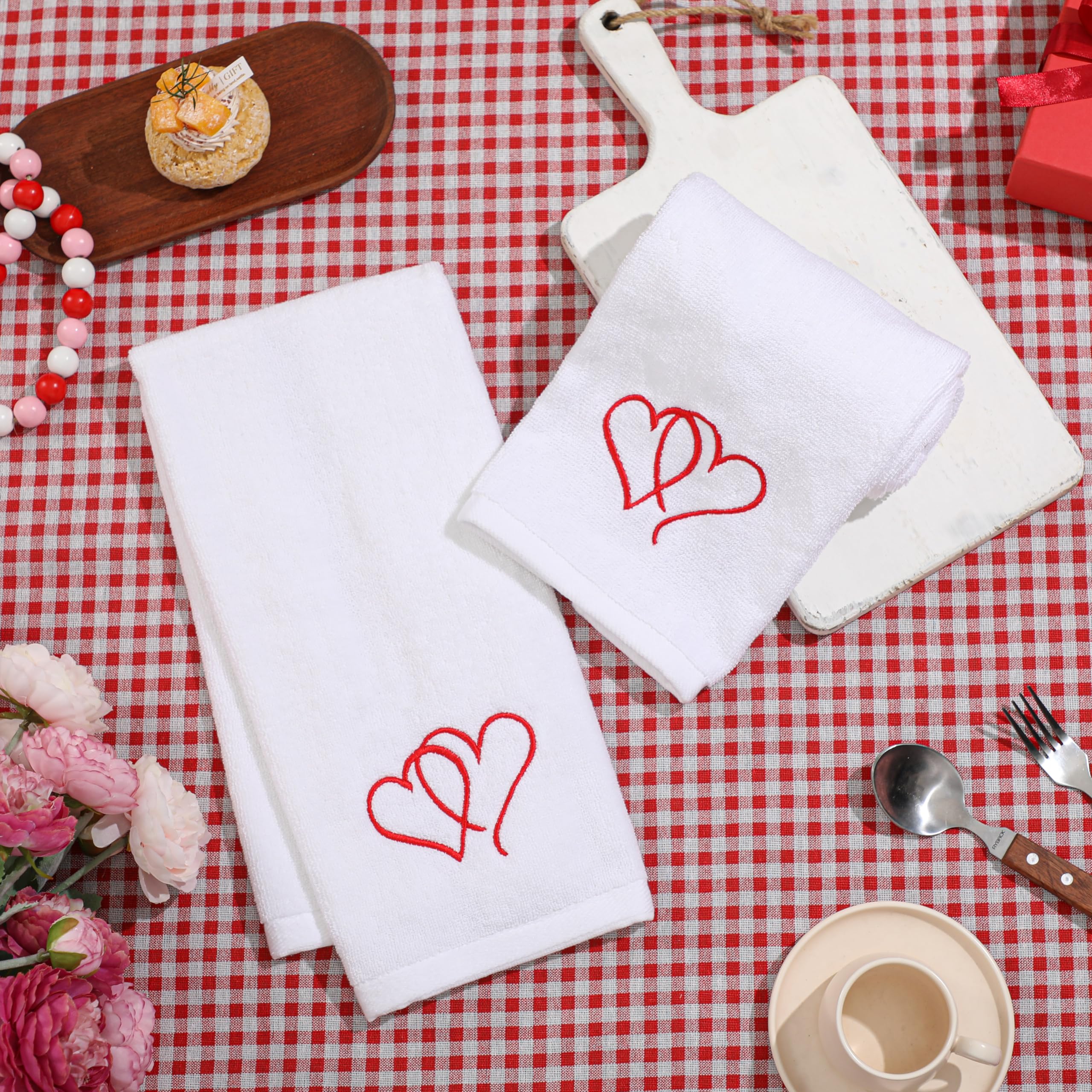 Newlighture Valentines Day Hand Towels 100% Cotton Embroidered Red Heart Decorative Bathroom Kitchen Dish Towels Set Gift Set Of