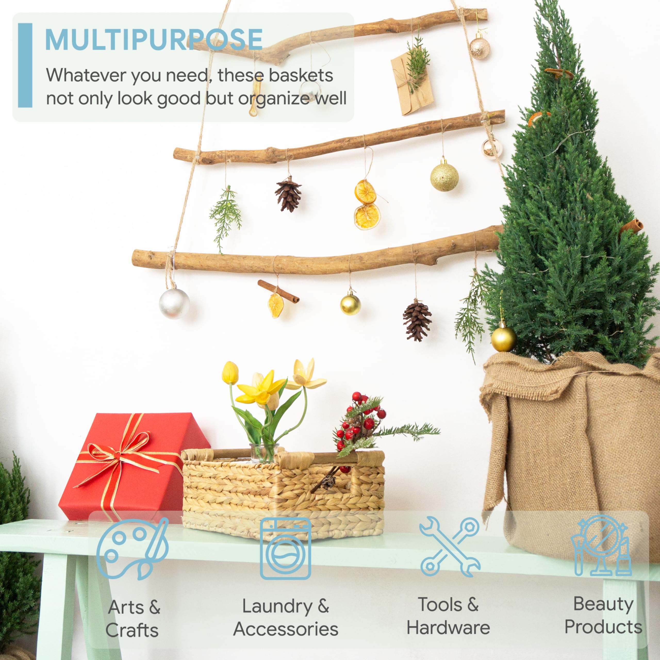 VATIMA Hyacinth Small Wicker Basket 11.6x8.1x4.9'' - Bathroom Organizer  Wooden Handle  Decorative Storage