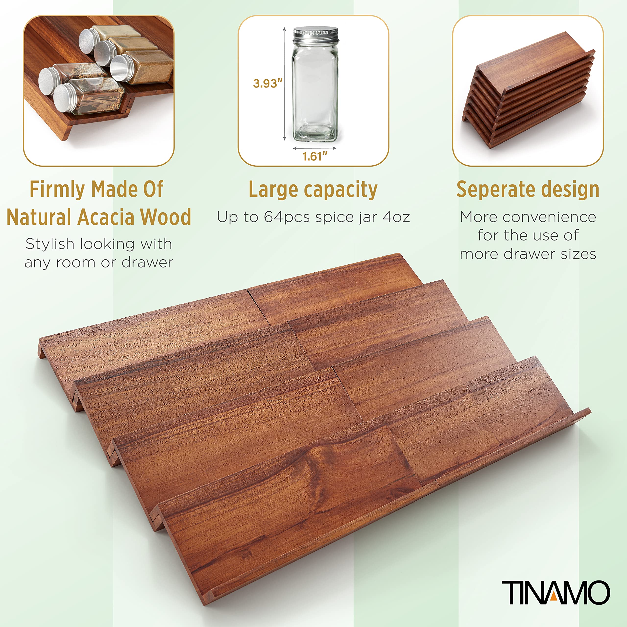 Tinamo Wood Spice Drawer Organizer - Acacia Wooden Tray Spice Racks Organizer for Cabinet Storage Shelf - 4 Tier Spice Rack Orga