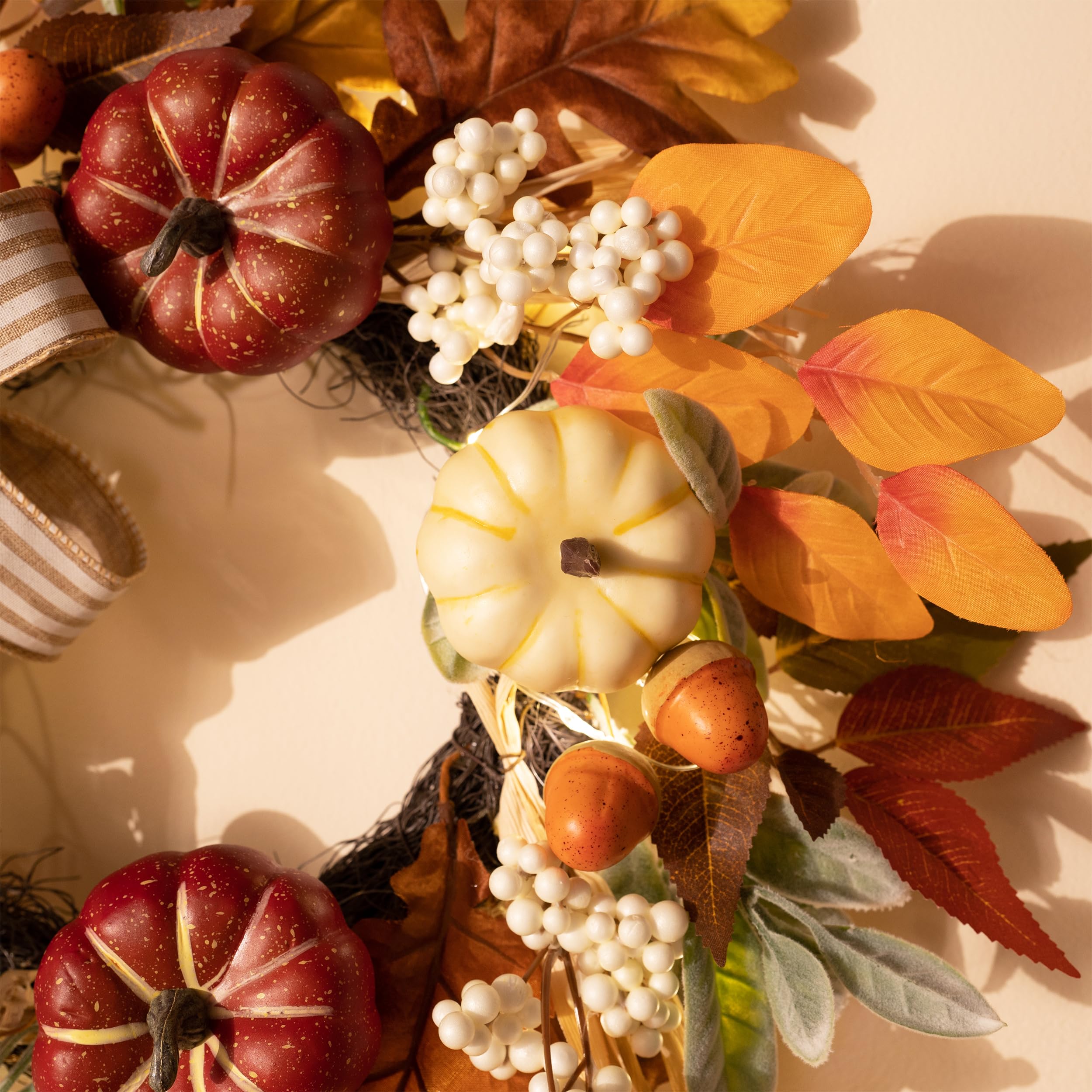 Valery Madelyn Fall Wreaths for Front Door Outside, 18 Farmhouse Autumn Door Wreath with Lights Brown Pumpkins Bow, Outdoor Fa