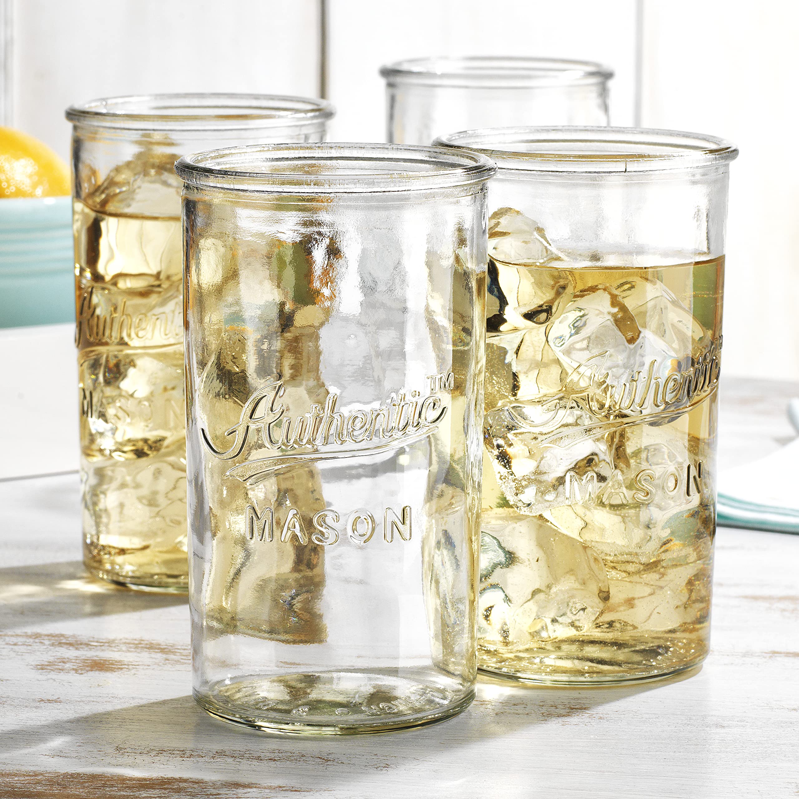 Glaver's Highball Drinking Glasses - Set of 4 Authentic Mason Vintage Glassware - Clear Glass Tumblers for Cocktails  Water  Juice - Embossed Vintage Drinking Glasses - Tall Glasses 18oz