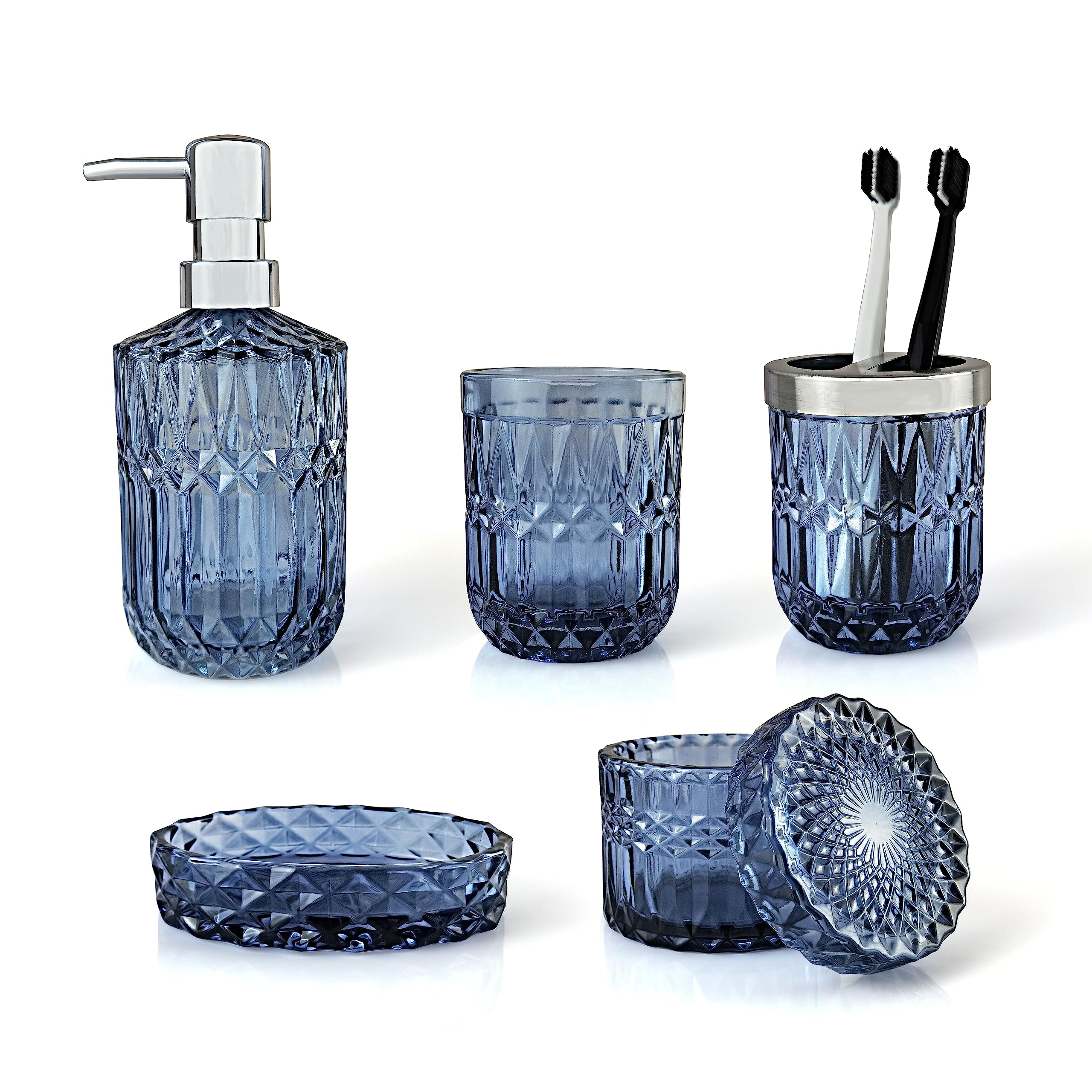 Lamarriti 5Pcs Blue Glass Bathroom Accessory Complete Set, Lotion Dispenser, Soap Dish, Tumbler, Cotton Swab Jars, Toothbrush Ho