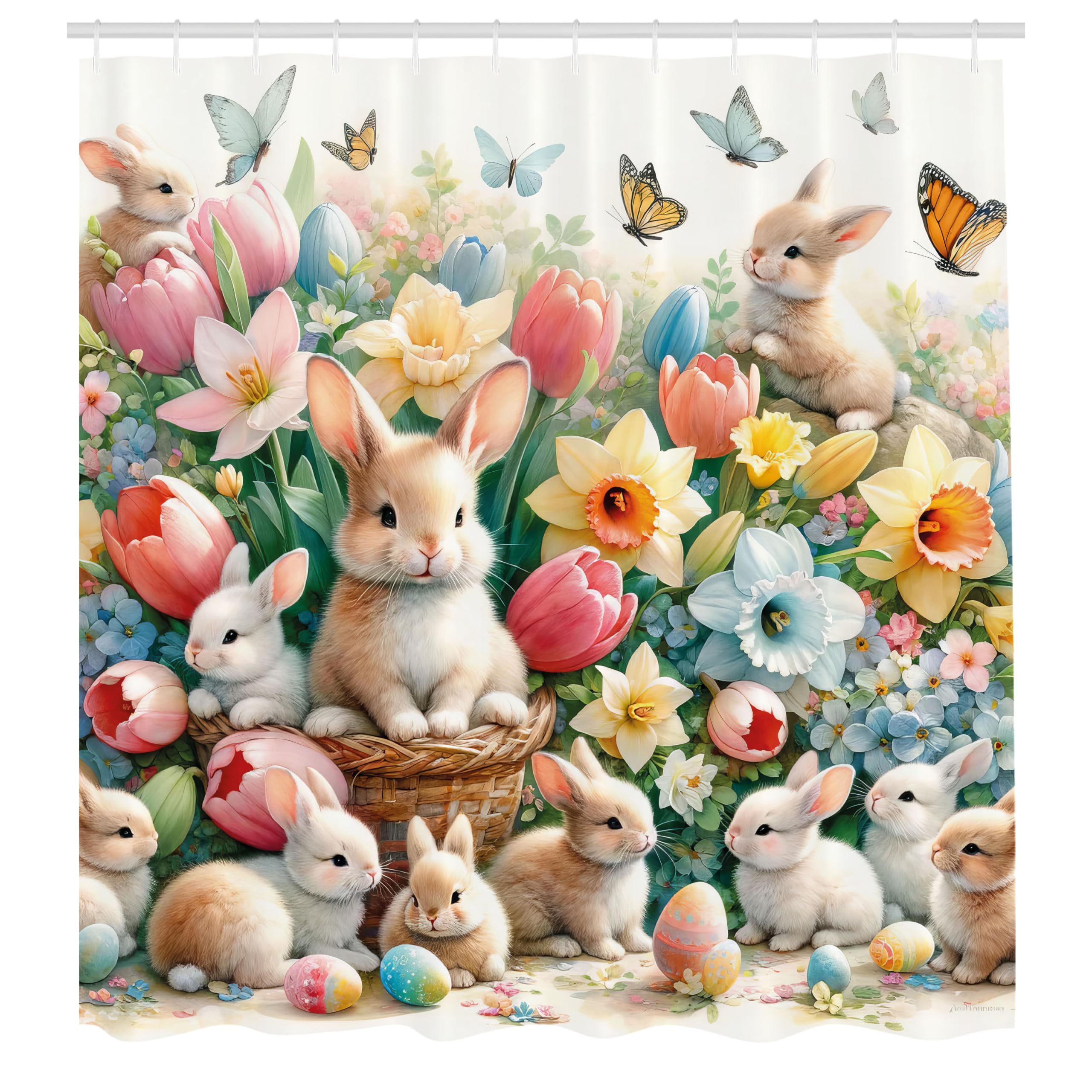 Ambesonne Spring Shower Curtain, Easter Bunnies Tulips Rabbits In Floral Scene Flowers With Butterflies, Cloth Fabric Bathroom D