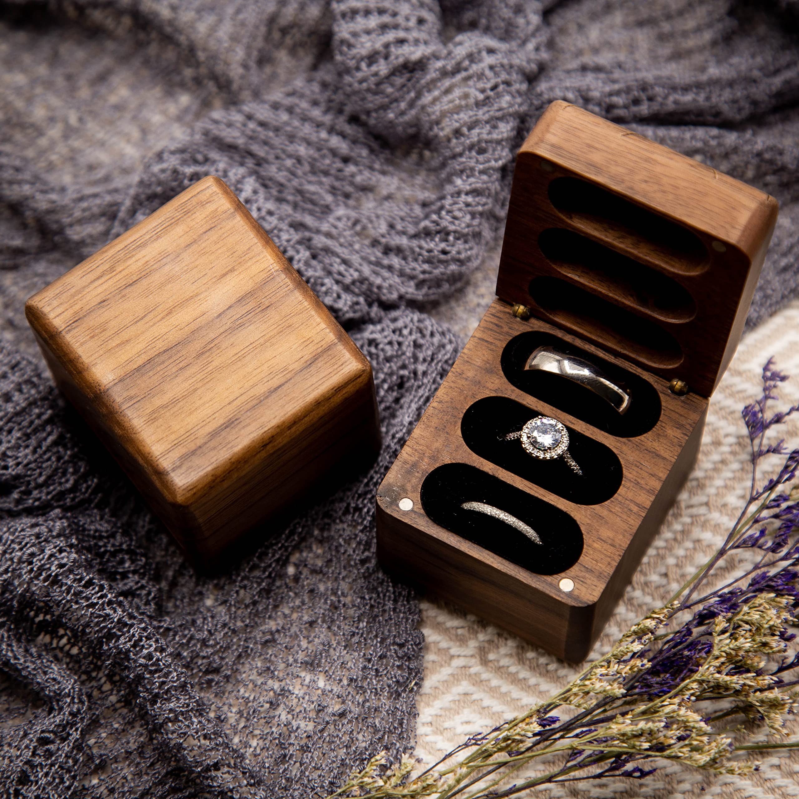 Muujee Wood 3 Slot Ring Box - Triple Wooden Ring Case Box For Wedding Ceremony Ring Bearer Box - Anniversary Birthday Gift Ideas