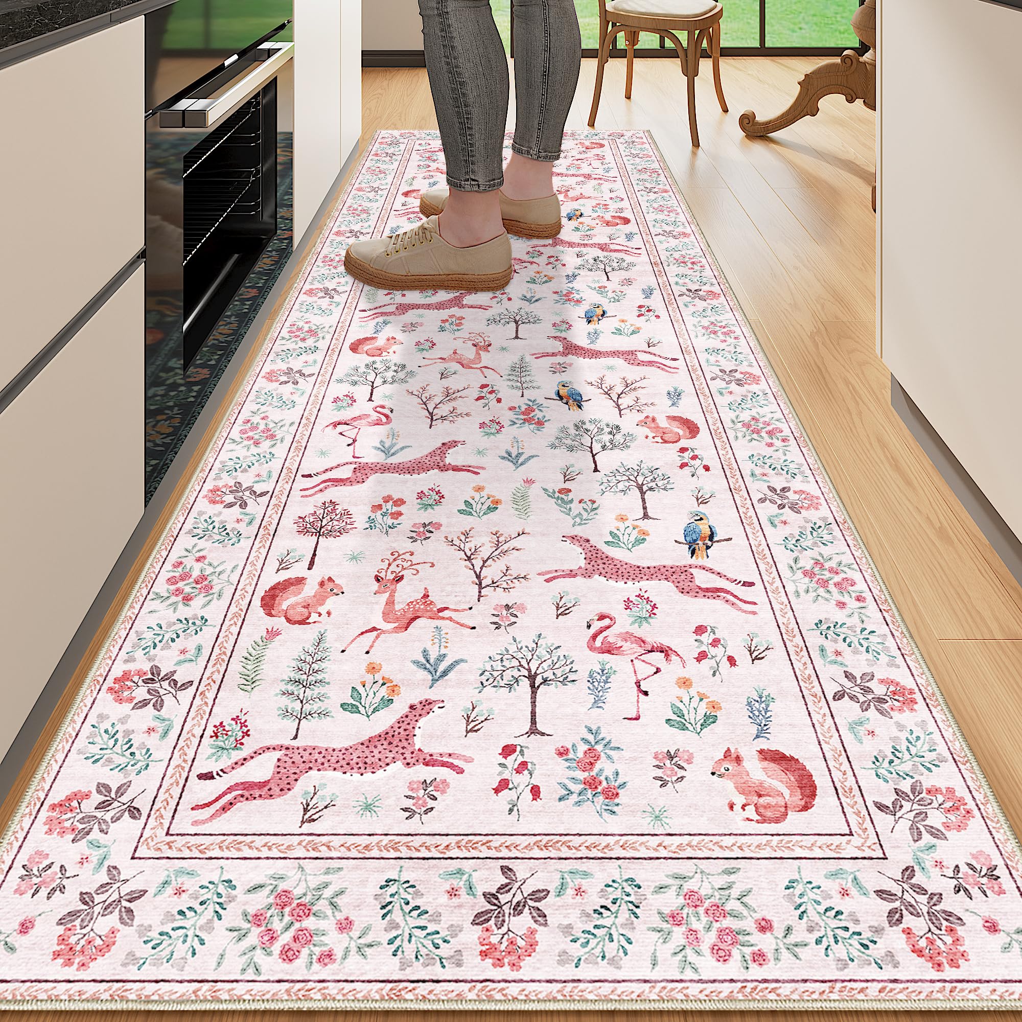 DUKINO 2x6 Rug for Hallway, Washable Kitchen Runner Rug with Non Slip Backing, Soft Low Pile Vintage Animal Runner for Bedroom, 