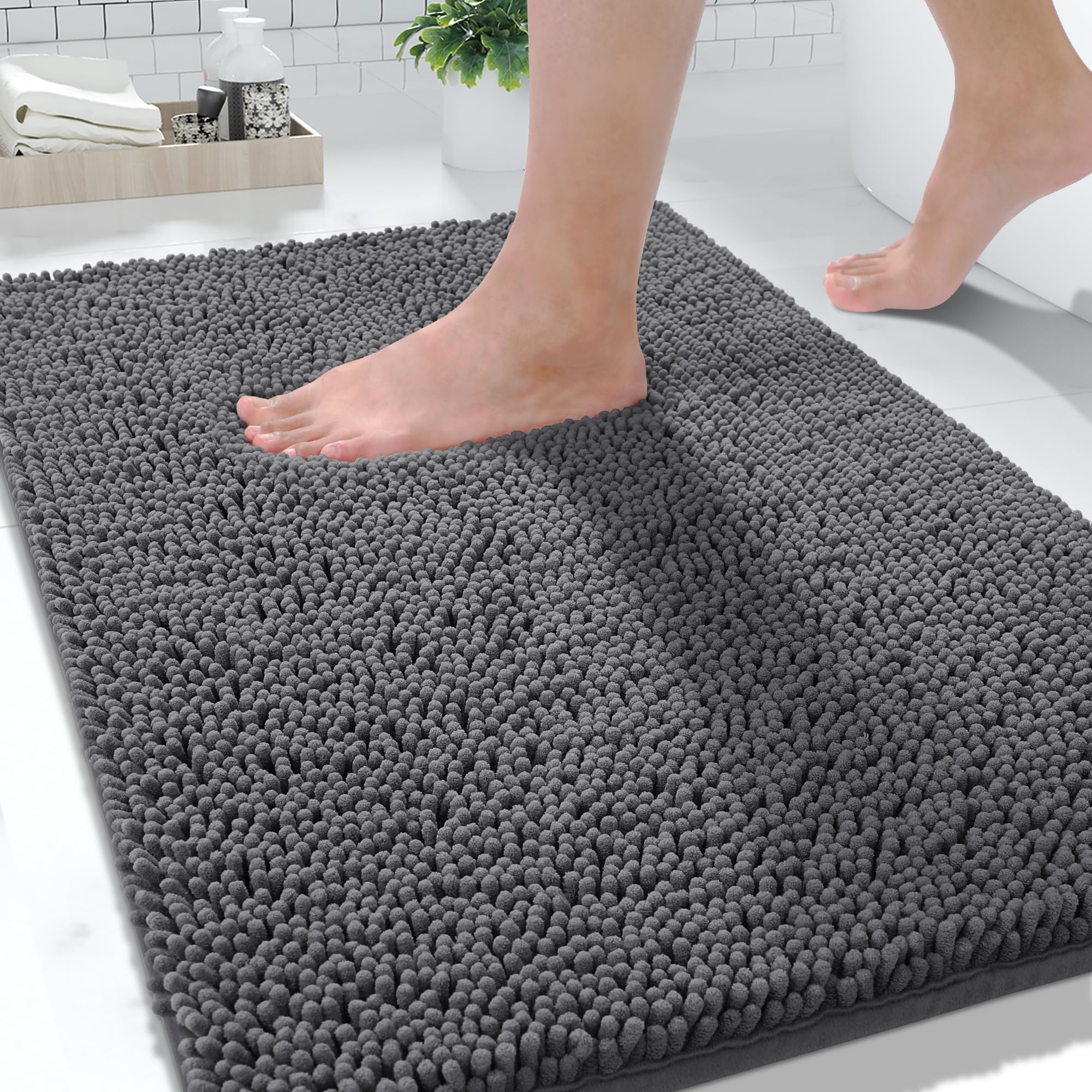 Yimobra Chenille Bathroom Rug 32x20Inch Extra Soft Shaggy Bath Rugs  Non-Slip Bathroom Floor Mat  Water Absorbent  Thick Durable  Machine Washable  Plush Microfiber Rugs for Shower Bathtubs Dark Gray