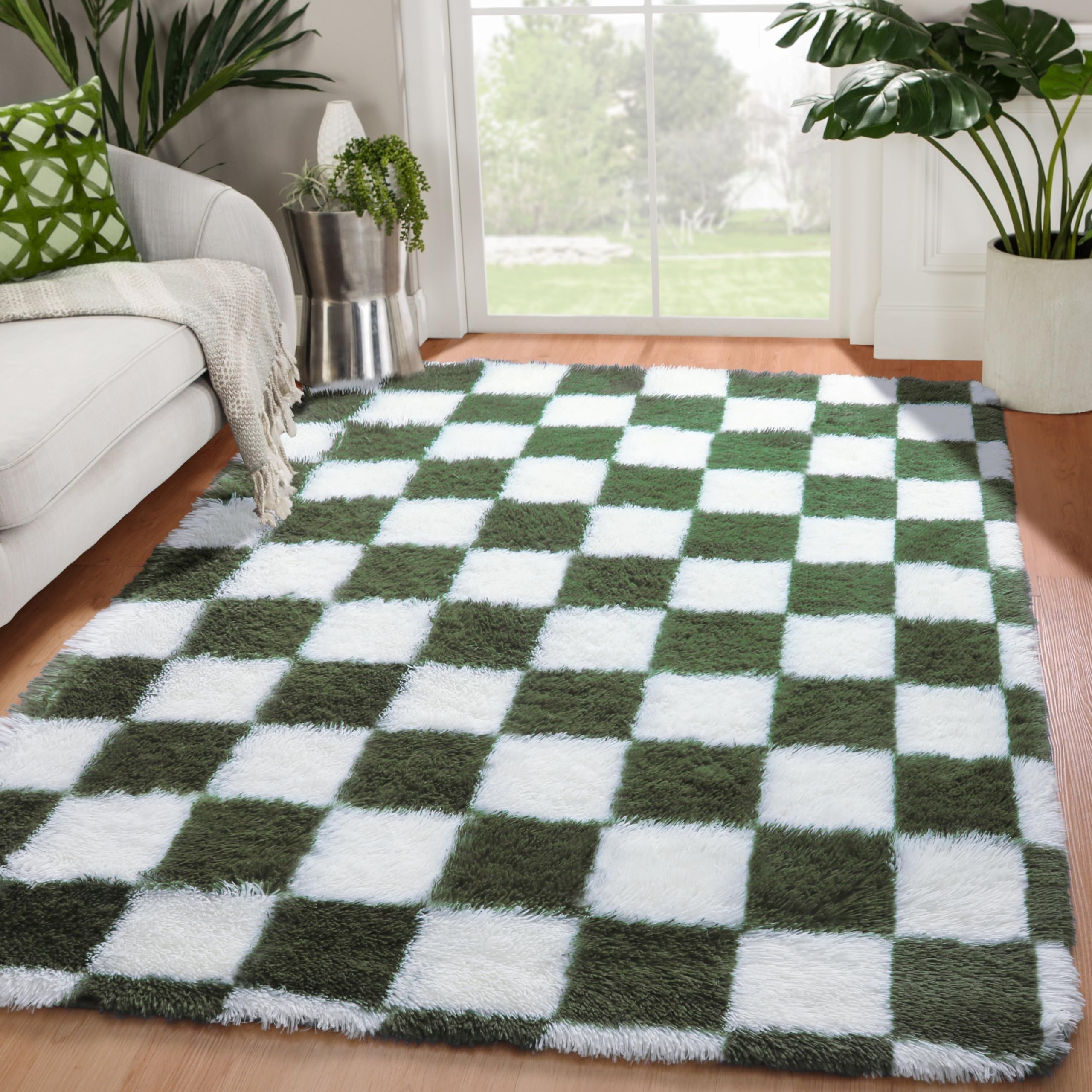 KICMOR Area Rugs for Bedroom Living Room, 4x6 Soft Fluffy Olive Green and White Checkered Shag Rug Fuzzy Shaggy Plush Bedside Ca