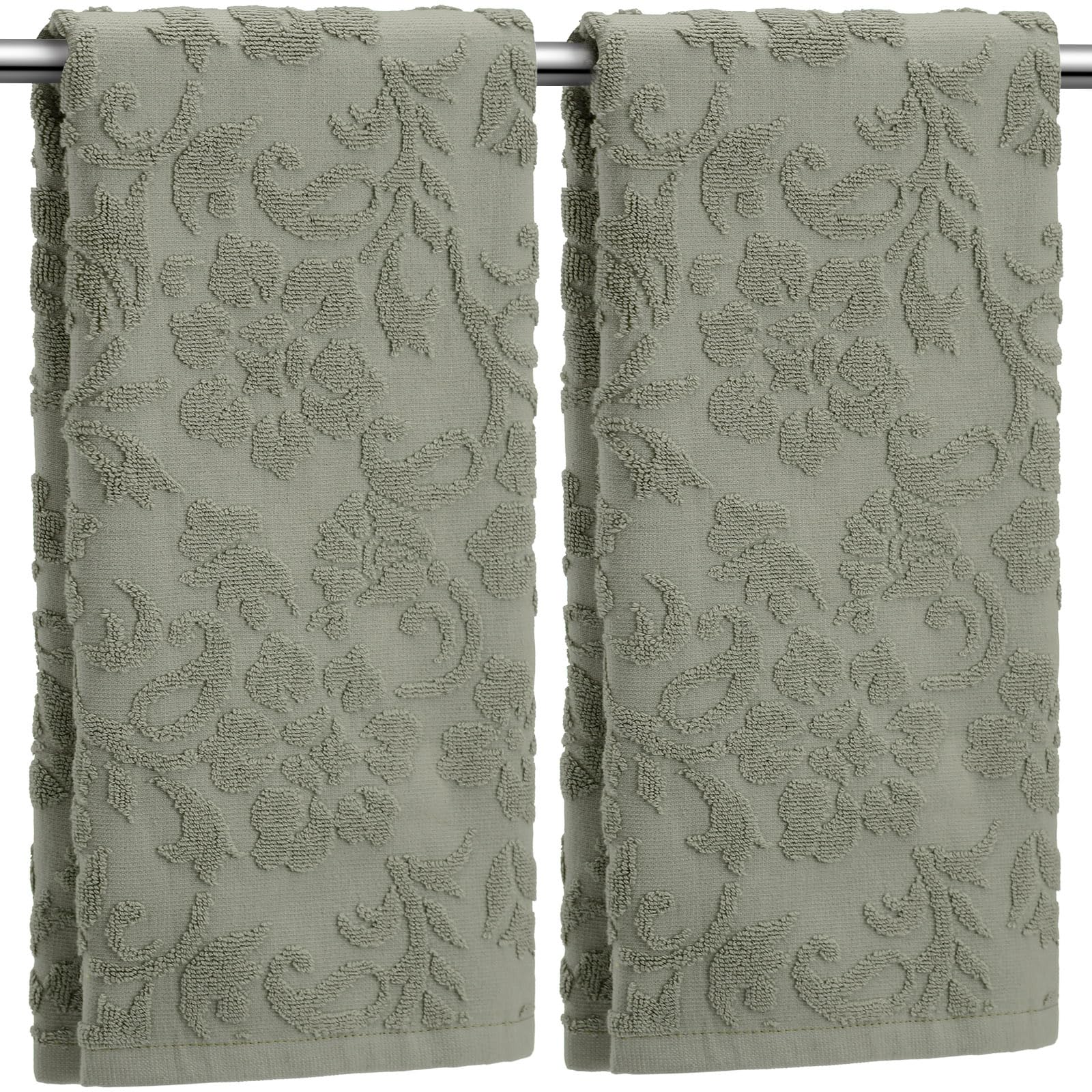 SmoothNovelty 2 Pcs Olive Green Jacquard Hand Towels for Bathroom Floral Hand Towels 100% Cotton Absorbent Decorative Weave Bath