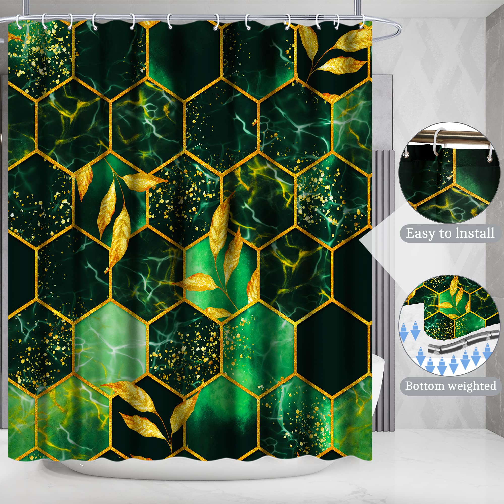 Poedist 4 Pcs Bathroom Shower Curtain Set Green Honeycomb Marble Bathroom Sets with Rugs(Bath Mat U Shape and Toilet Lid Cover Mat) and 12 Durable Hooks