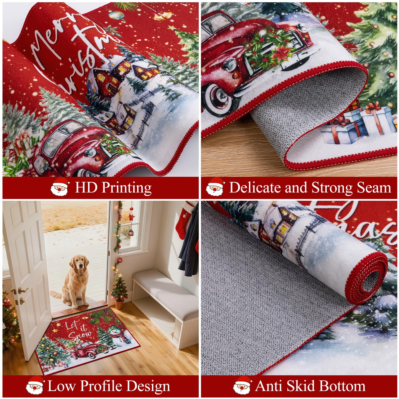 U Artlines Christmas Kitchen Rug and Mat Set of 3, Non Skid Merry Christmas Tree&Car Kitchen Mats for Home Decor, Washable Runn