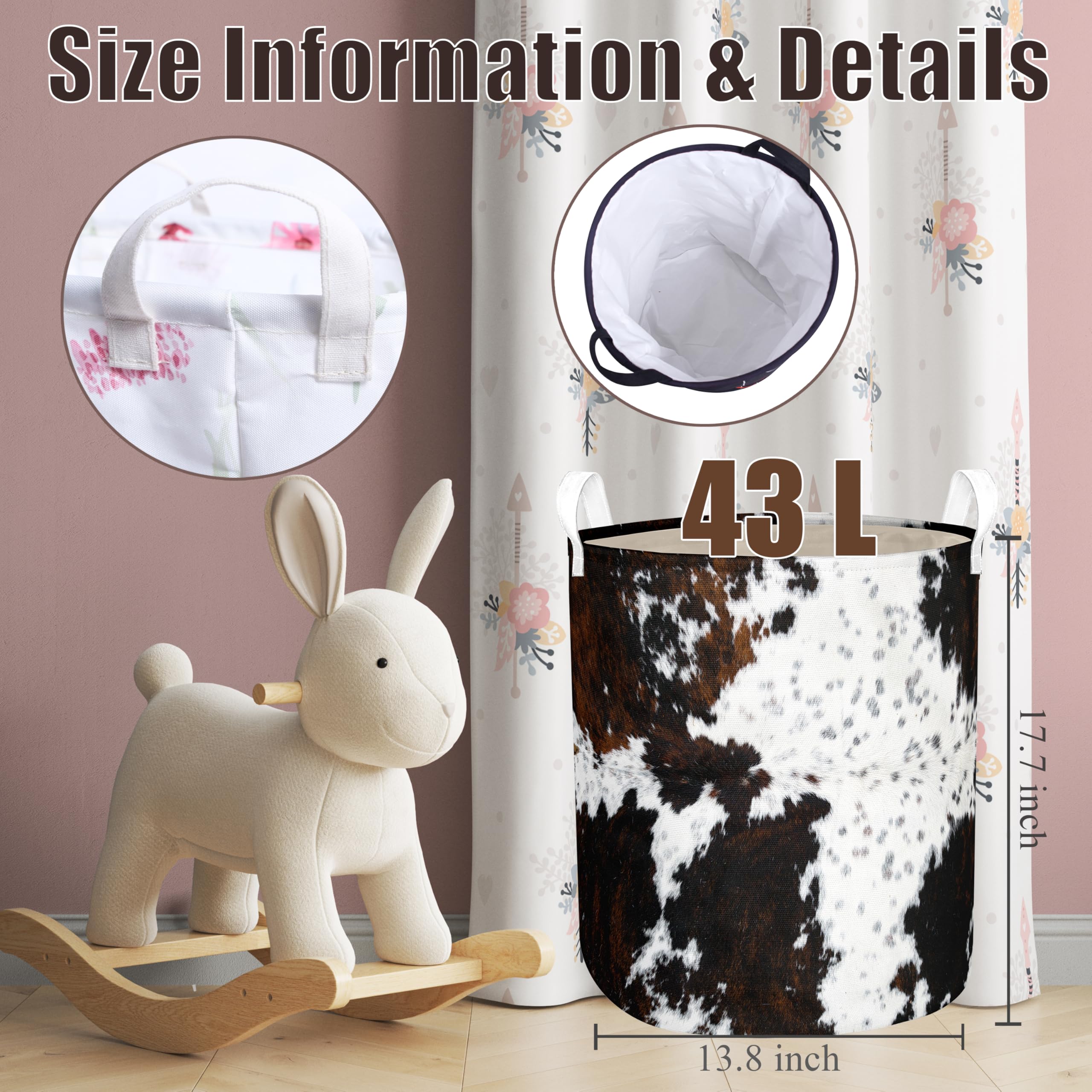 Highland Cow Laundry Basket With Lining Cowskin Printed Boys Girls Laundry Hamper For Clothes Storage Toys Bin Brown And White C