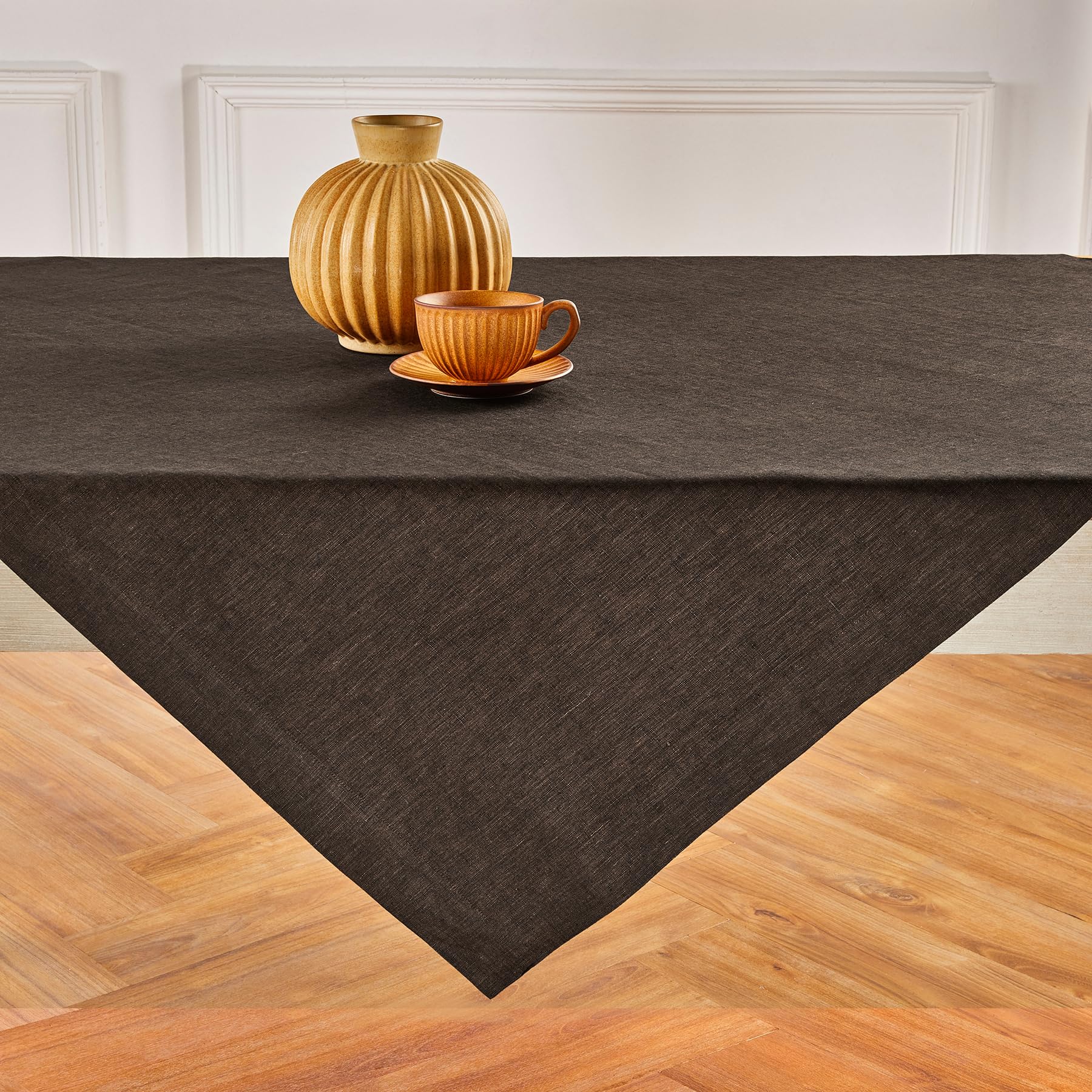 Solino Home Linen Tablecloth 120 L x 60 W Inch - 100% Pure Linen Chambray Brown Table Cloth for Rectangle Tables - Athena, Machi