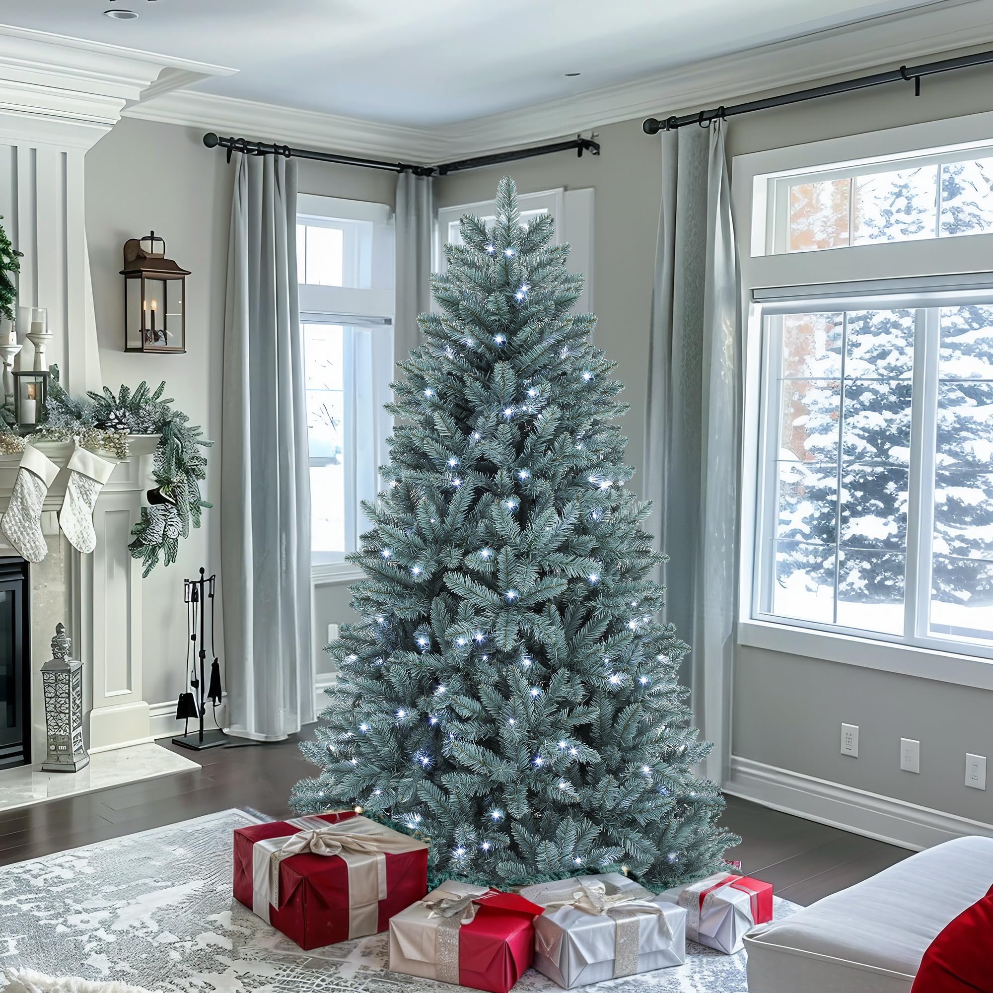 YITAHOME Prelit Blue Spruce Christmas Tree, 6 FT Pre-Lit Artificial Hinged Christmas Tree with 880 Tips and 450 Cold-White Light