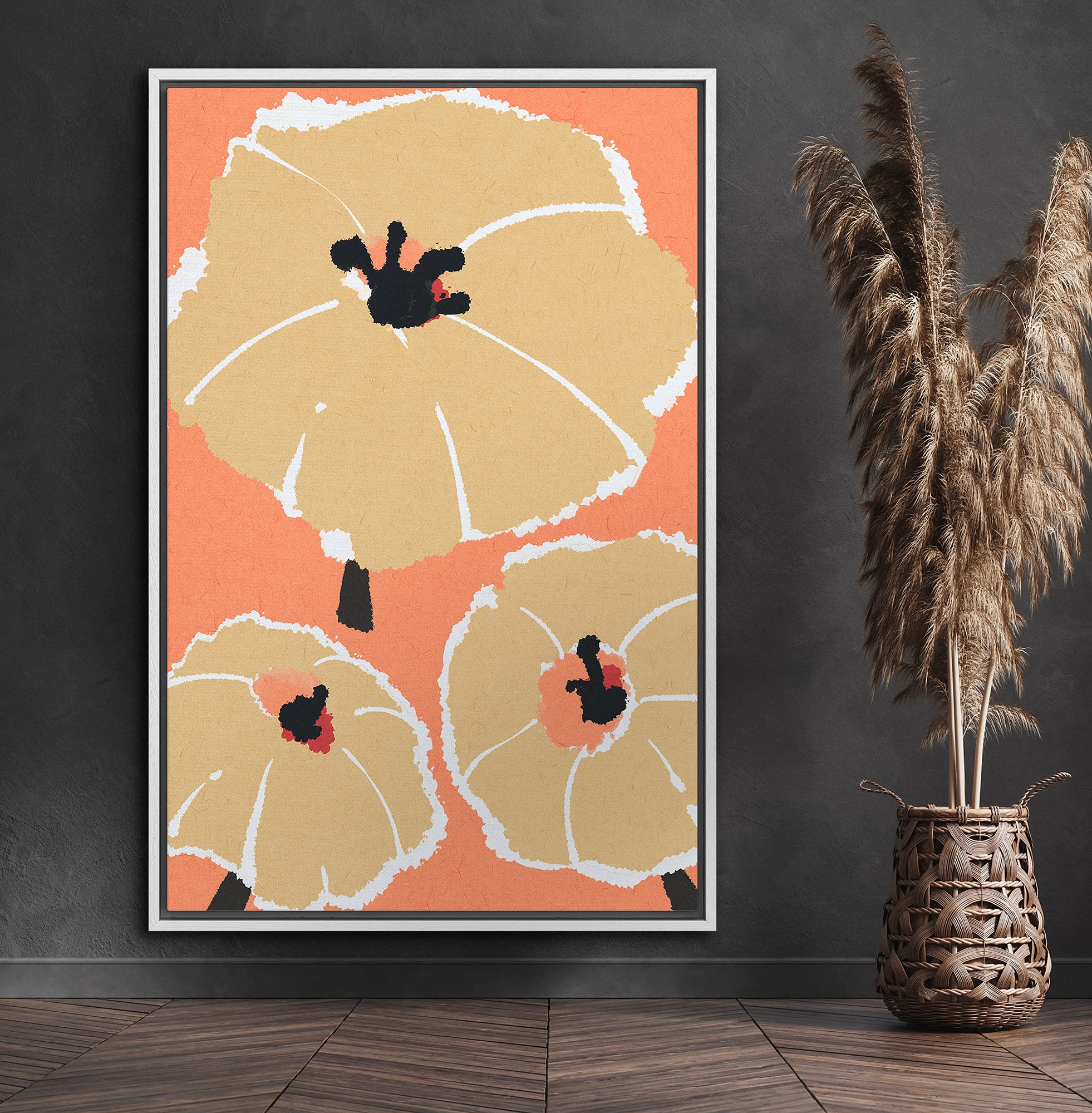 Signford Framed Canvas Print Wall Art Tan & Orange Flower Print Nature Wilderness Illustrations Modern Art Contemporary Colorful