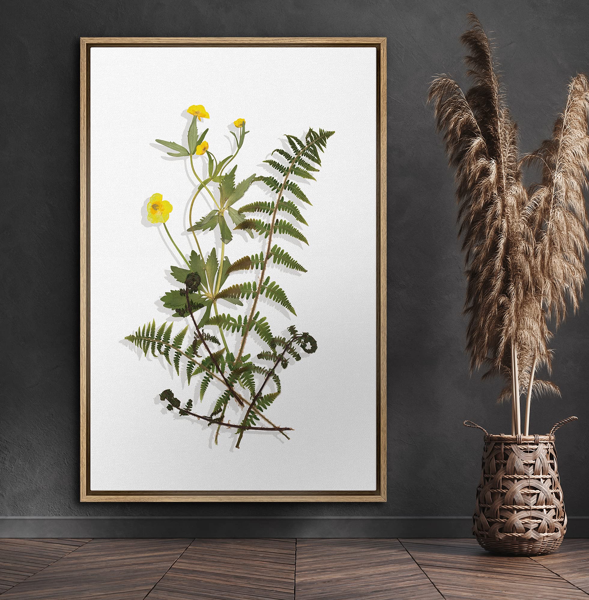 Signford Canvas Print Wall Art Fern Leaf With Small Yellow Poppies Floral Plants Illustrations Modern Art Rustic Group Colorful