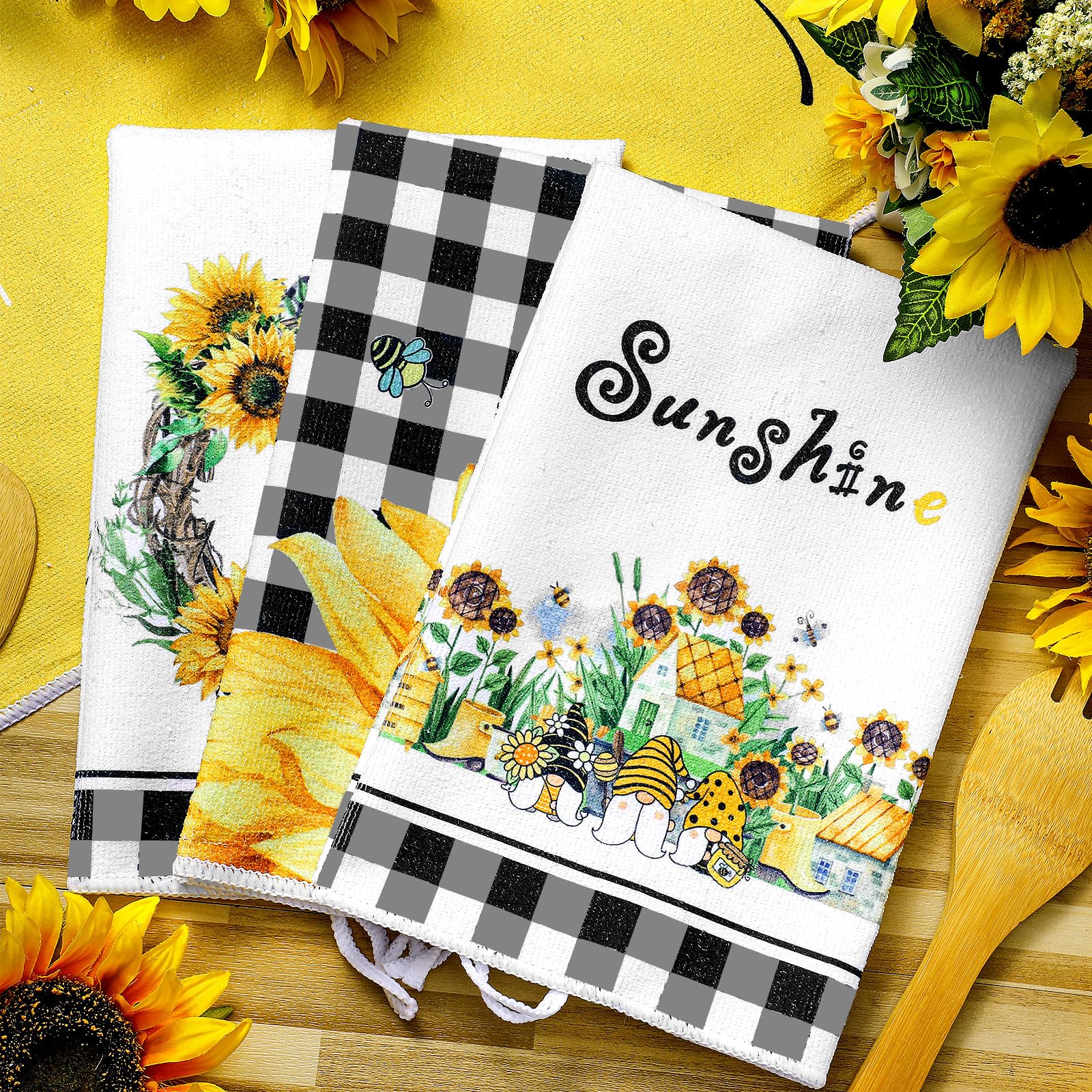 Bencailor 4 Pcs Sunflower Kitchen Towels Christmas Thanksgiving Flower Floral Hand Dish Towels Yellow Buffalo Grid Fast Drying D