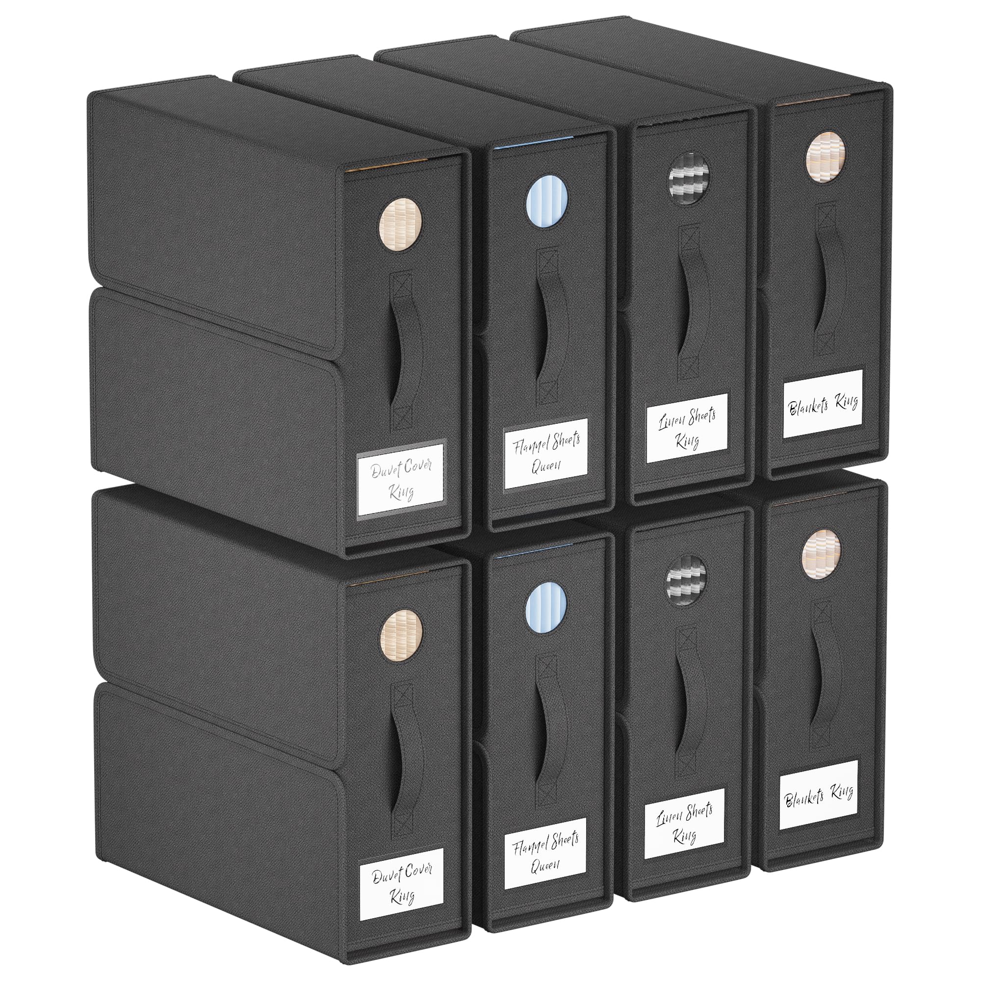 TRZZ Sheet Organizers and Storage, 8-Pack, Queen/King Size (Black), Bed Sheet Organizer, Fabric Storage Bins for Bed Sheets, 15'