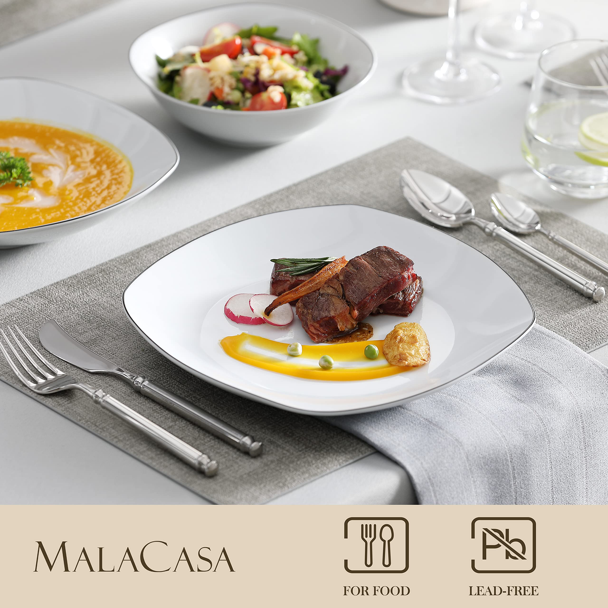 MALACASA 24-Piece Dinnerware Set, Porcelain Square Plates & Bowls, ELISA-Black Rim, Chip Resistant, Service for 6