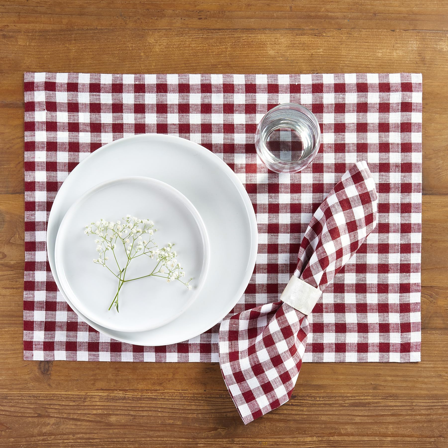 Solino Home Linen Placemats 14 X 19 Inch - 100% Pure Linen Burgundy Plaid Cloth Placemats Set Of 4 - Gingham Check, Washable Fab