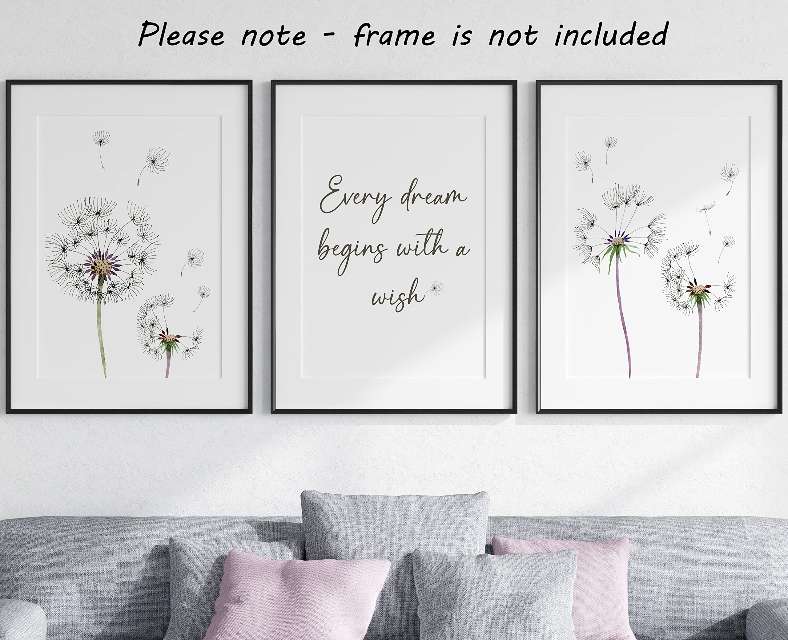 Dandelion Quote Wall Art Set Of 3 Unframed Prints, Plant Decor, Living Room Bedroom Poster Home Decor, Every Dream Begins With A
