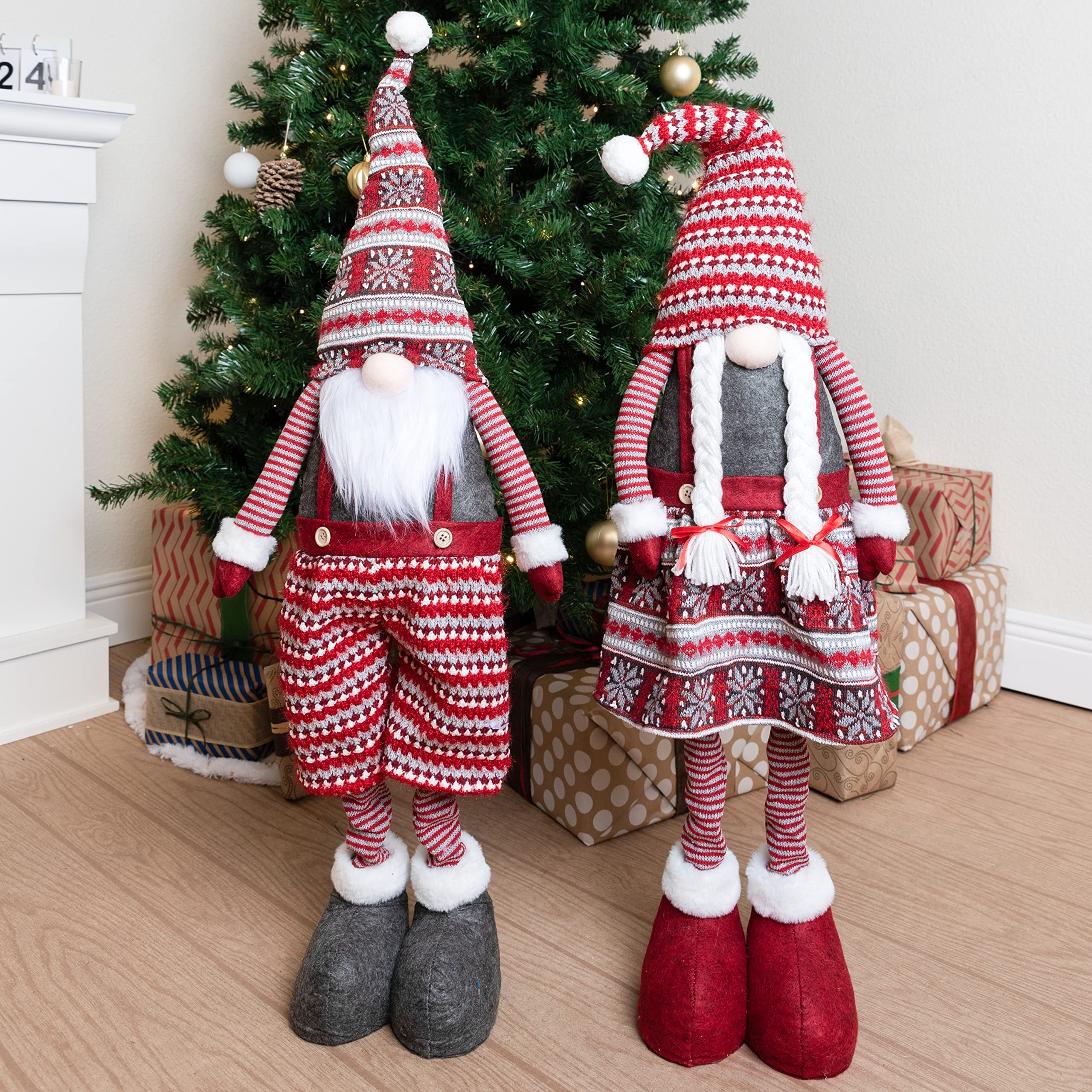 JOYIN 40 Christmas Gnome Standing Couple Decoration Knitting Style with Long Retractable Legs, Tomte Nordic Gnomes Christmas Ind