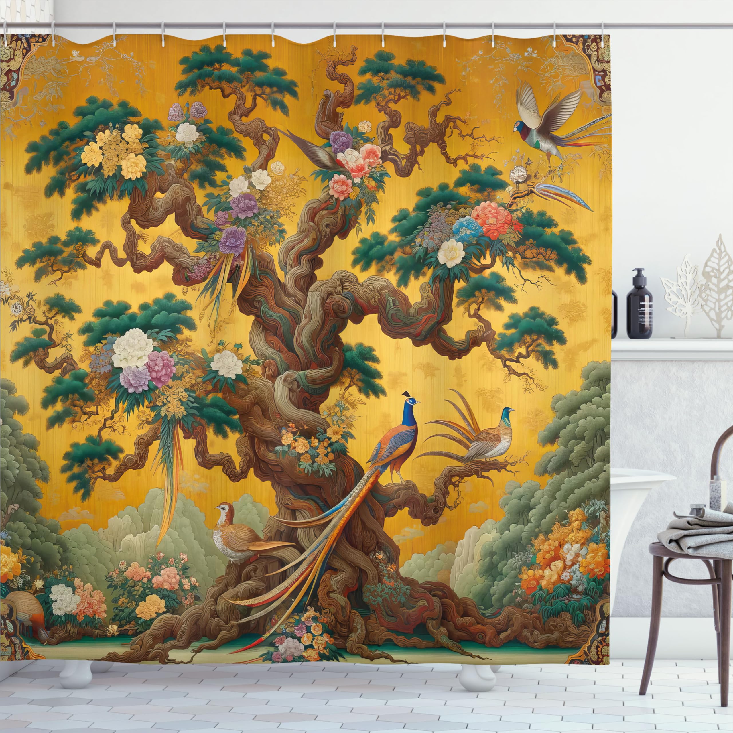 Ambesonne Vintage Shower Curtain, Cartoon Scenario Swirly Vines Of Earthy Tree With Leafy Floral Peacocks, Cloth Fabric Bathroom