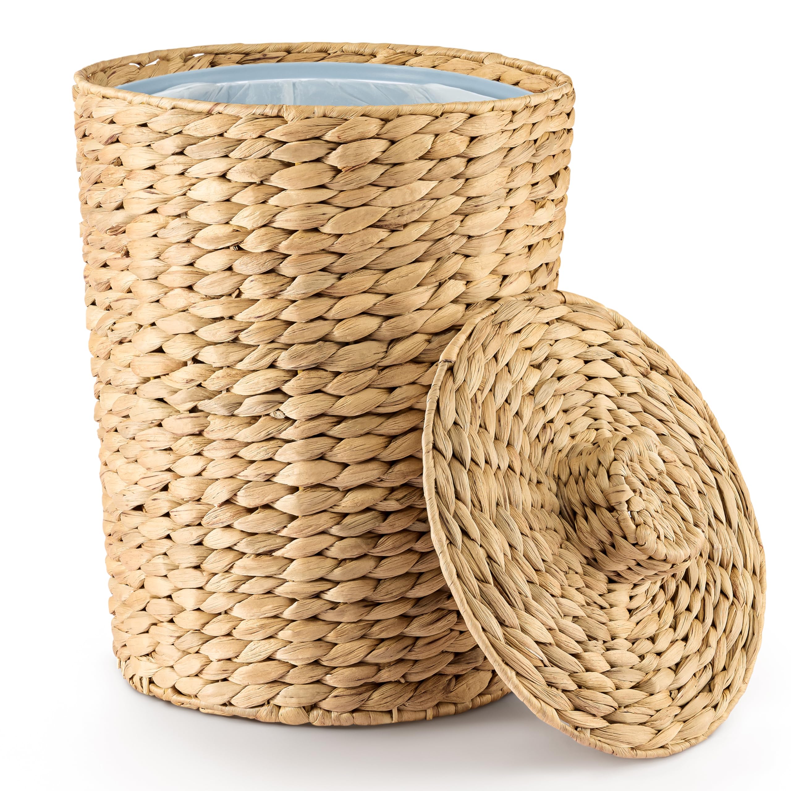 Tidita 3 Gallons Wicker Woven Waste Basket With Lid - Water Hyacinth Trash Can For Office Garbage - Handwoven Wastebaskets For B