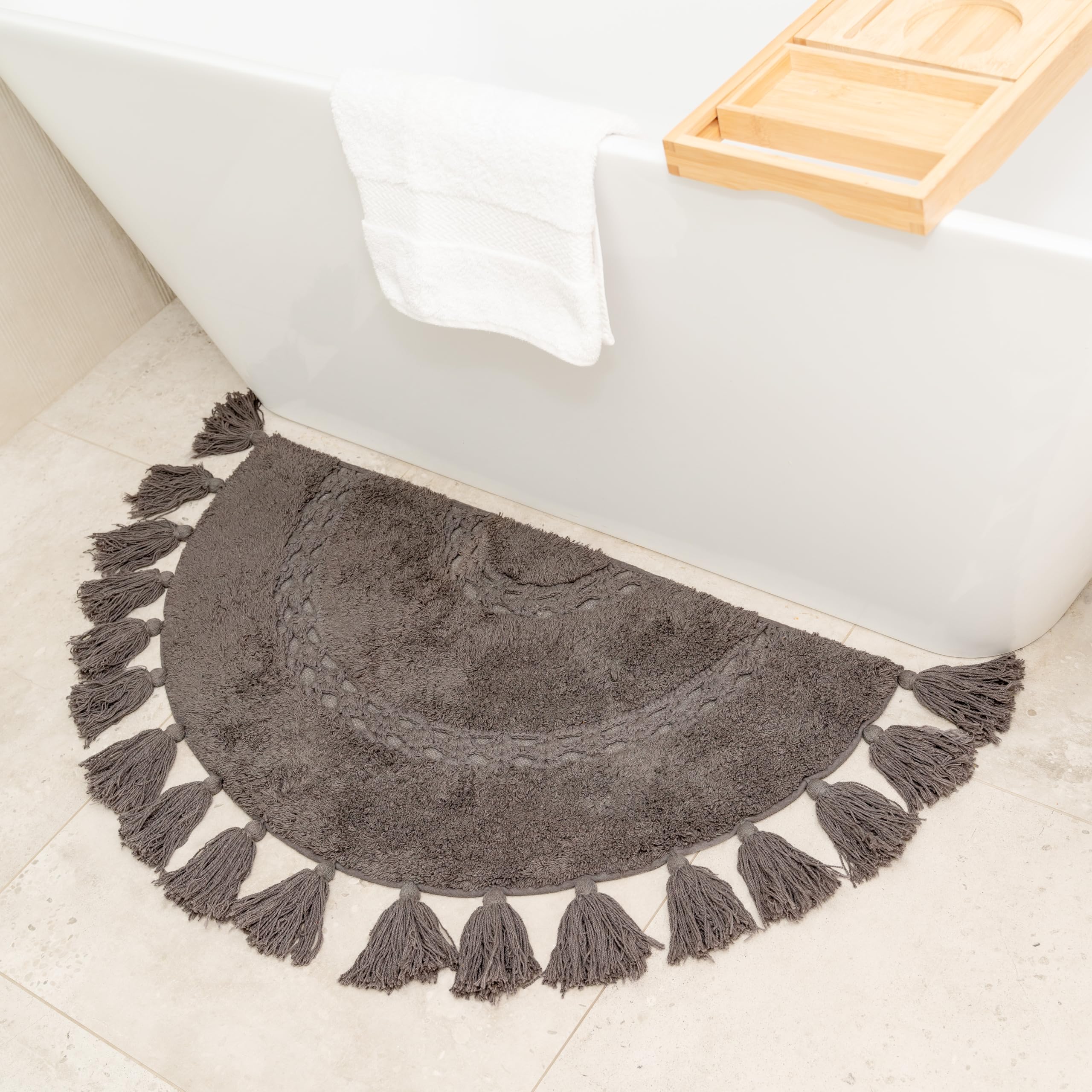 Unique Boho Rug - Half Circle Mat with Crochet Insert Detail & Tassels - 100% Cotton Boho Bathroom Rugs - Decorative Non-Slip Bo