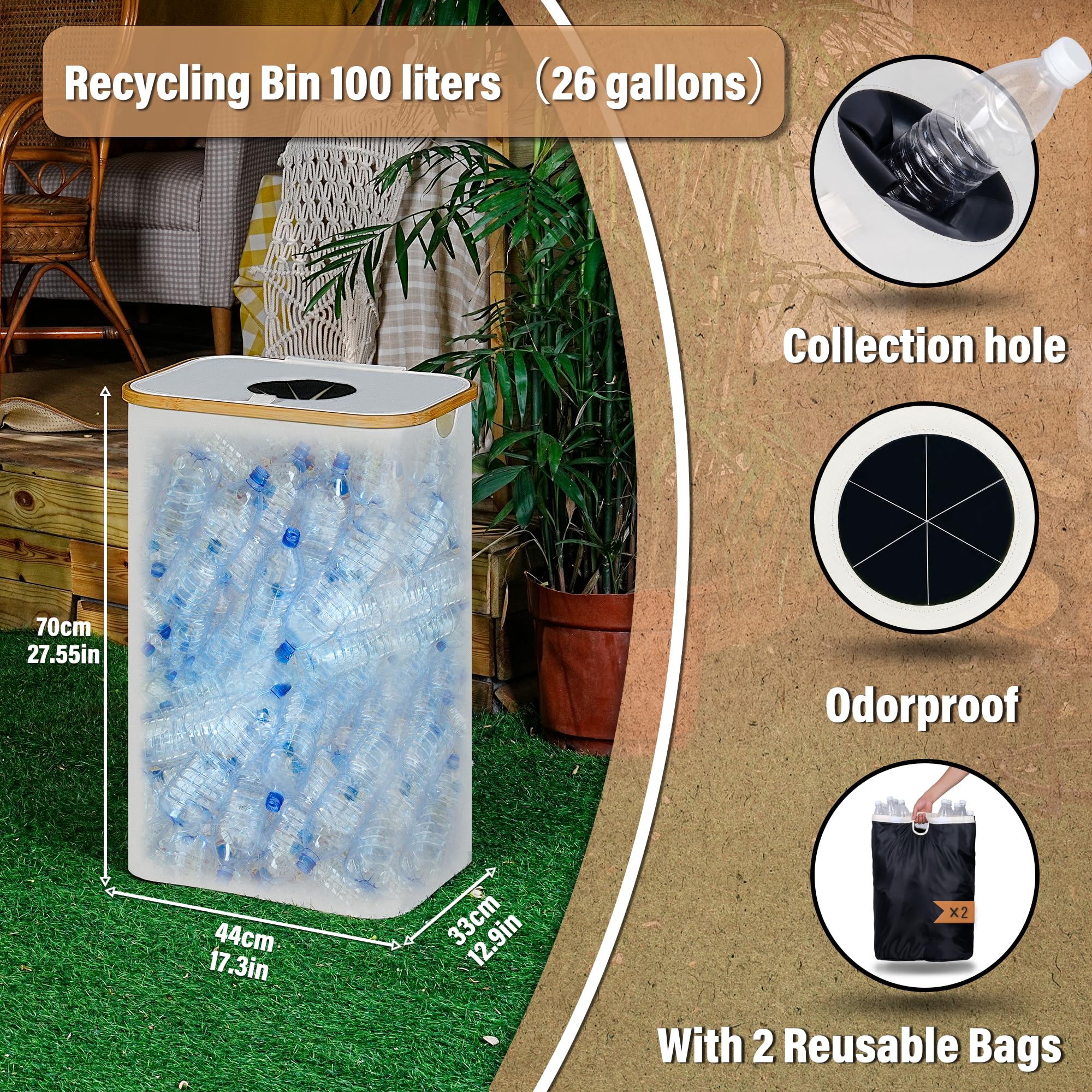 Efluky Recycling Bin 100L, 26 Gallon Recycle Bins For Kitchen Indoor Outdoor Home With 2 Removeable And Reusable Inner Bag, Tall