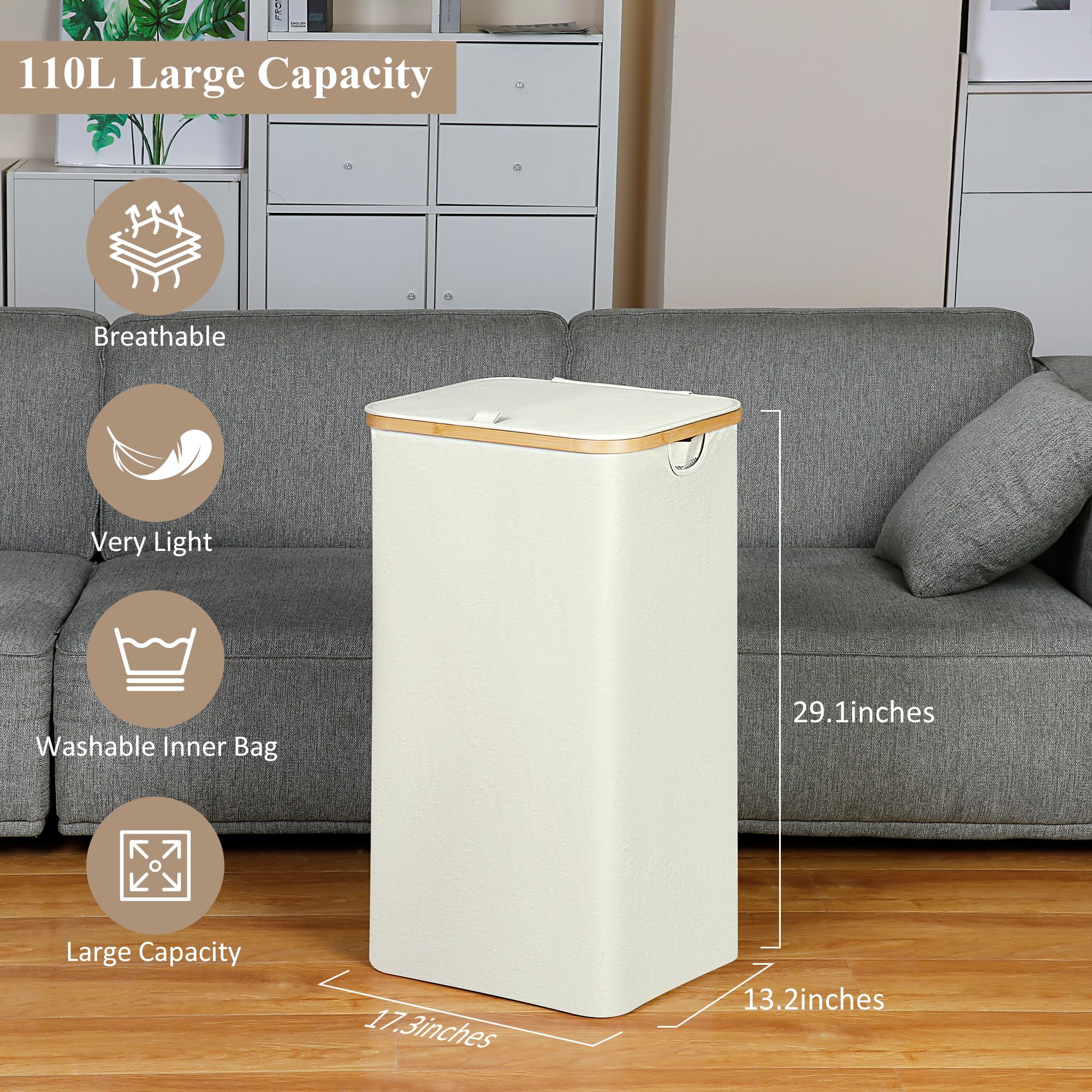 Iegrow Laundry Basket With Lid 110L, Laundry Hamper With Removable Inner Bag And Bamboo Handles, Large Collapsible Washing Baske