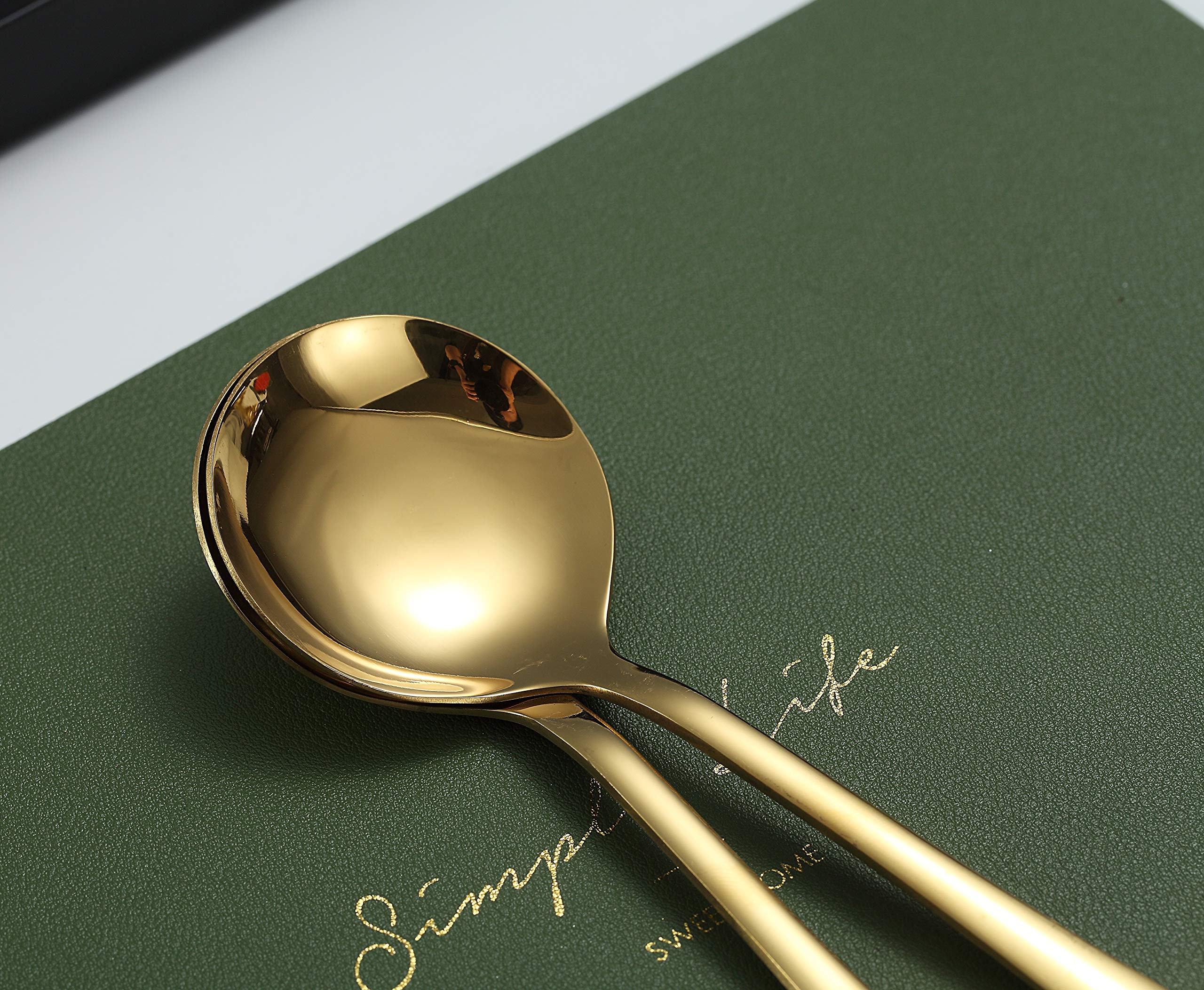 Gold Soup Spoons, Kyraton 6 Pieces Stainless Steel Round Spoons With Gold Titanium Plating, Gold Dinner Spoon Table Spoon, Spoon