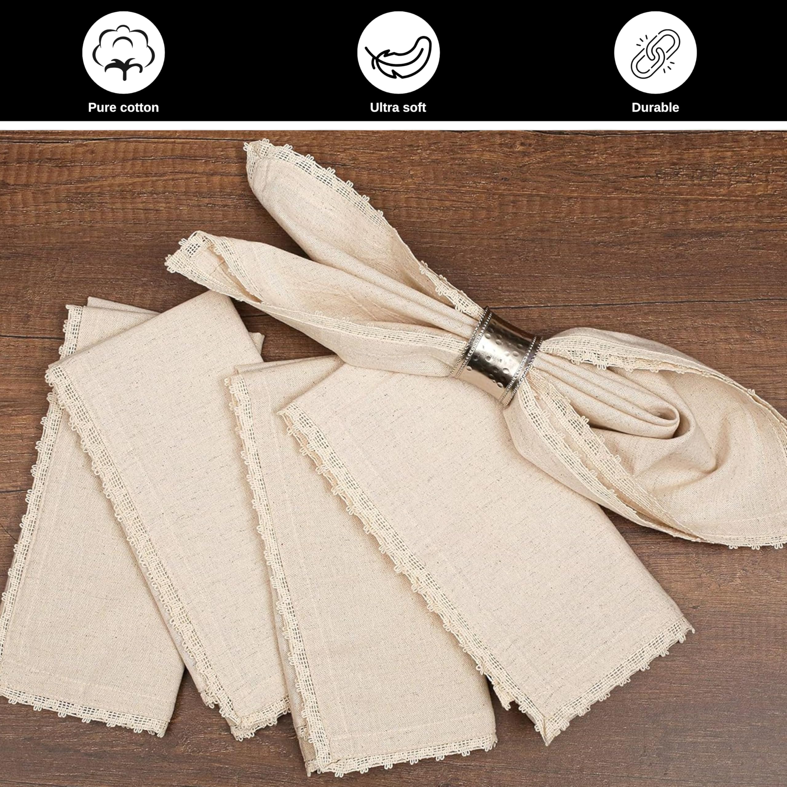 Bedding Craft Set Of 12 Linen Flax Cotton Cloth Dinner Napkin 18X18 With Lace In Natural Mitered Corners Perfect For Wedding, Ch