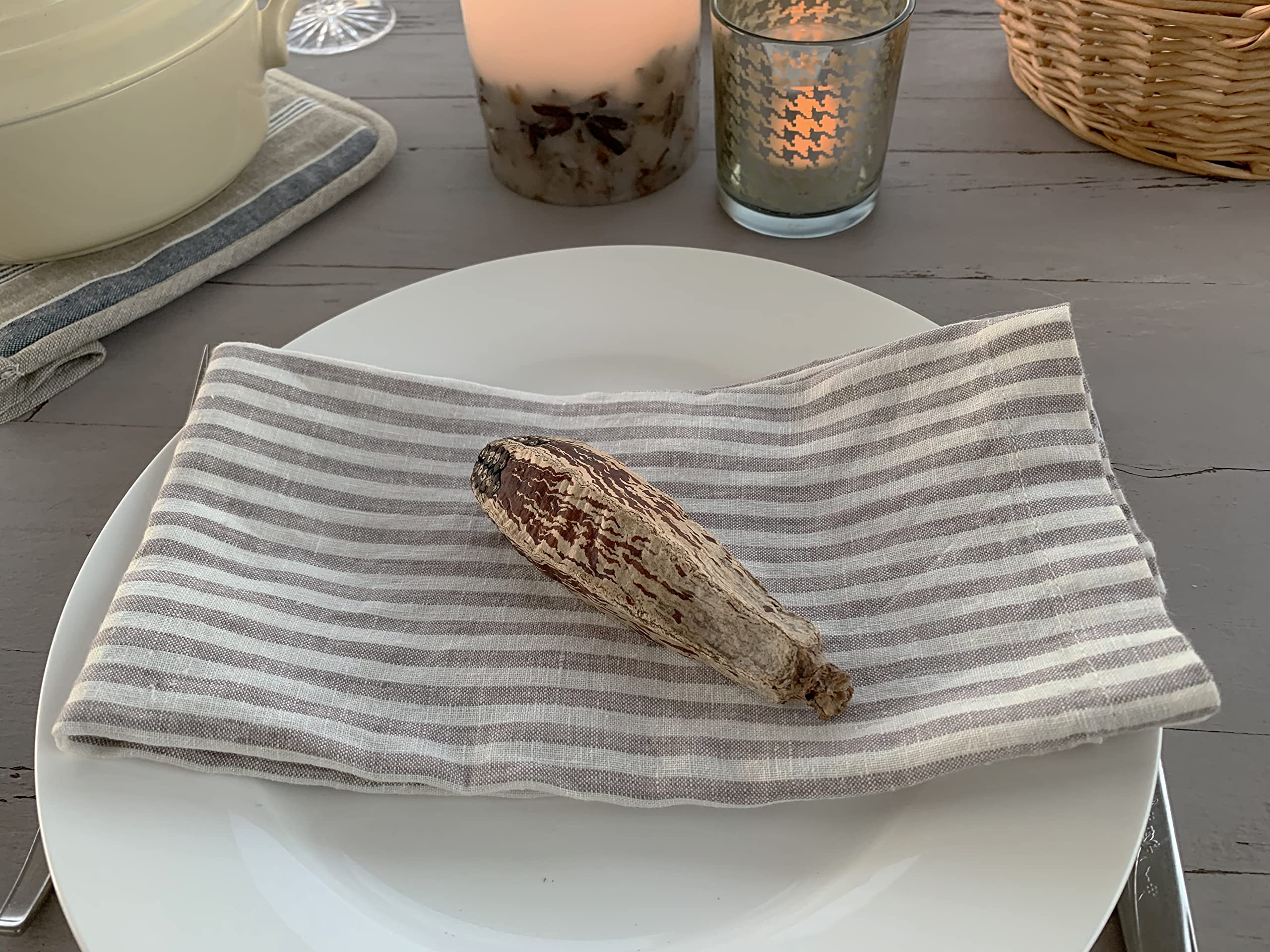Linen Napkins - 100% French Flax - Stonewashed Pure Linen Cloth Napkins - Mitered Corners - Set Of 4 (Gray/White Stripe)