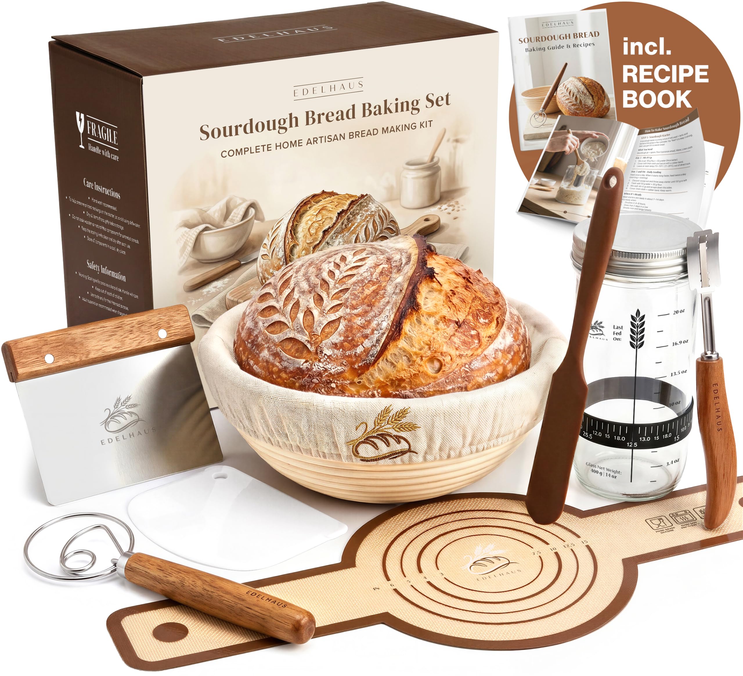 EDELHAUS Sourdough Starter Kit with Round Banneton Proofing Basket